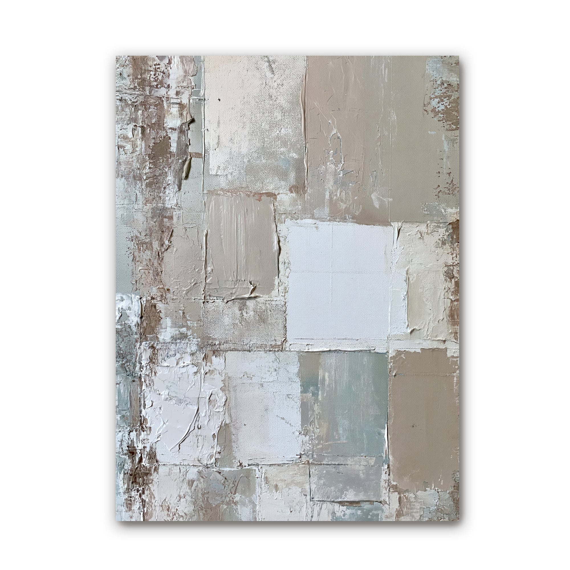 An abstract canvas painting featuring a textured patchwork design in neutral tones of beige, gray, white, and muted blue-green, shown against a plain white background.