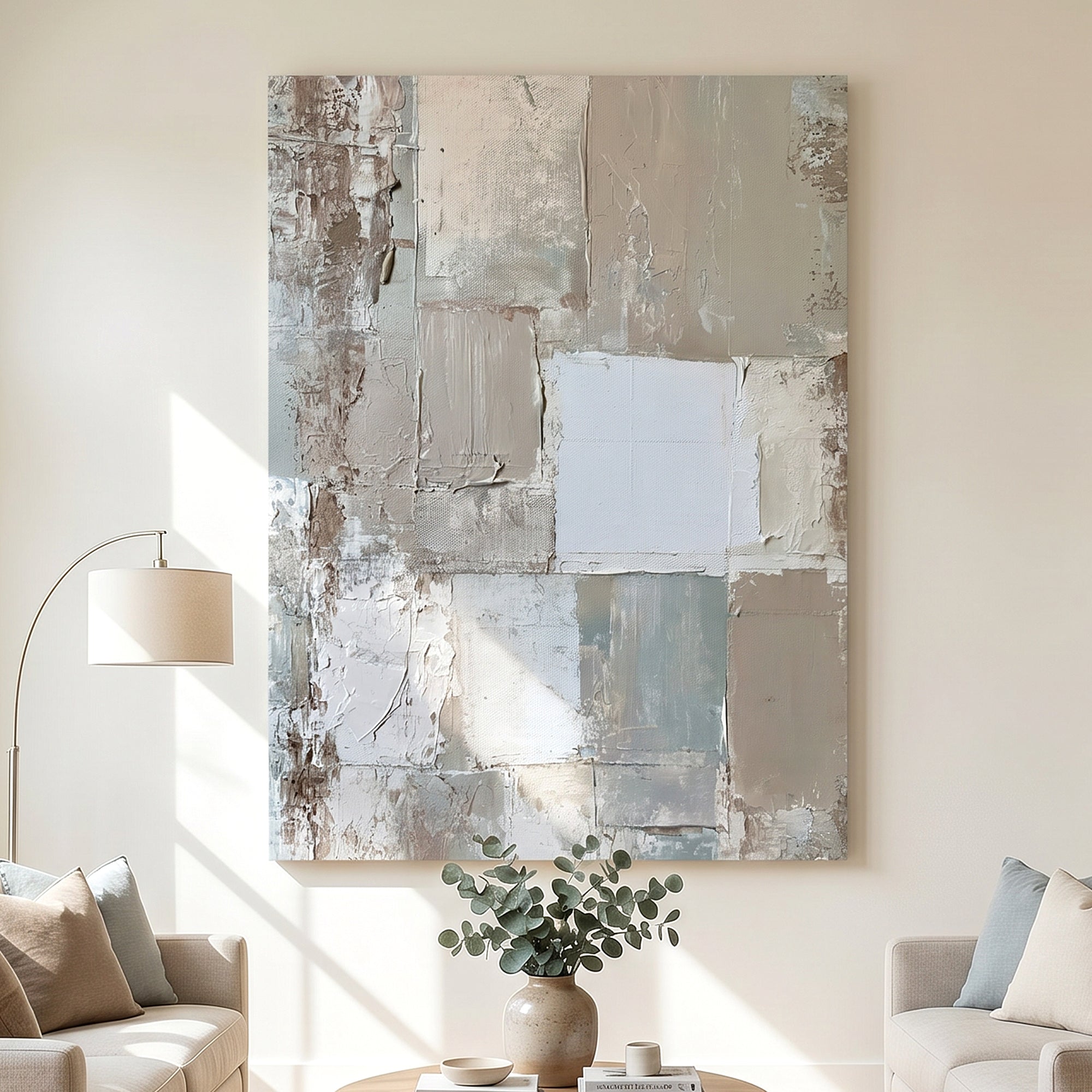 A large abstract canvas wall art piece with textured blocks of gray, beige, white, and muted blue-gray, displayed in a bright living room above a coffee table with a vase of greenery.
