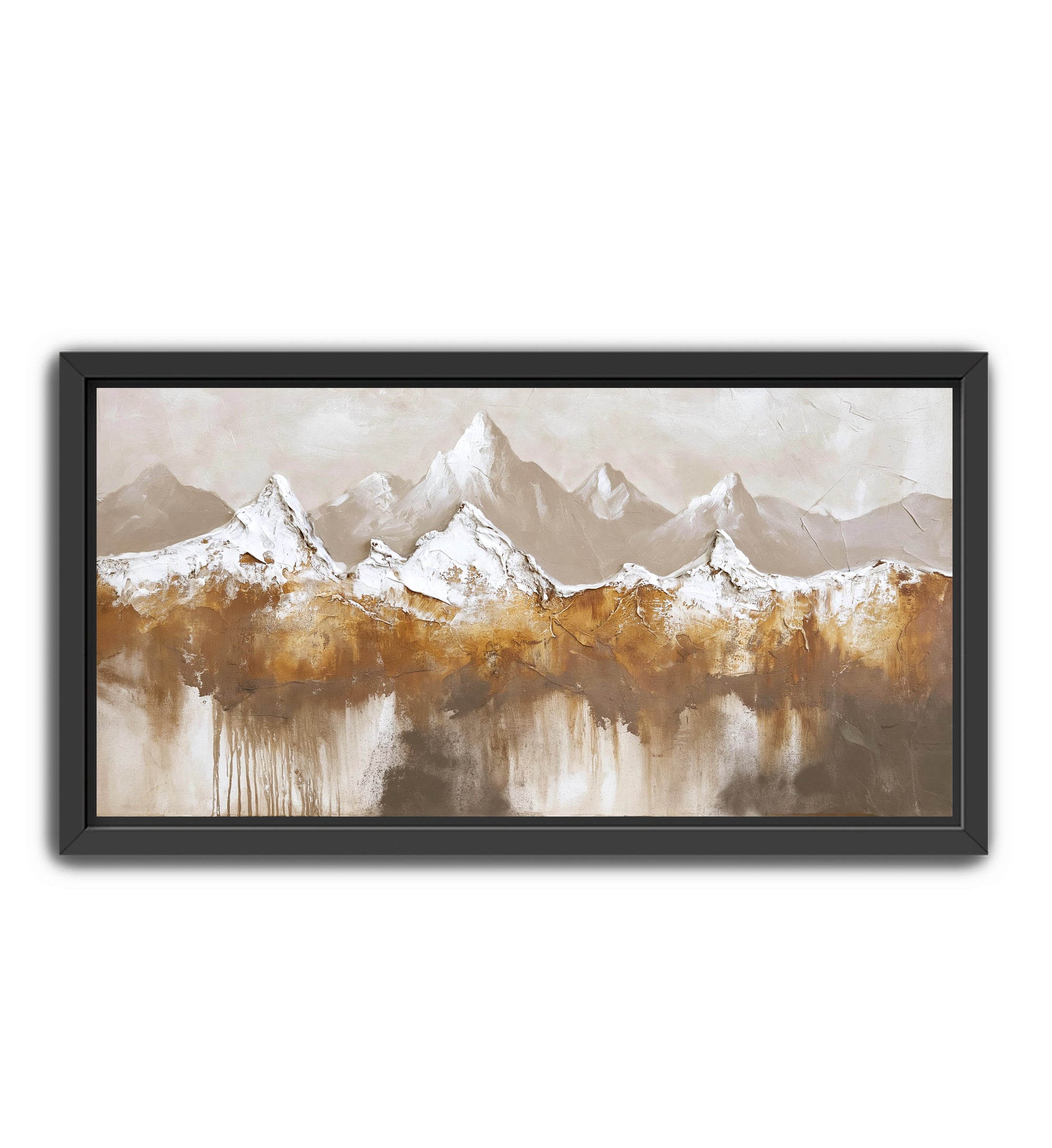 Framed landscape wall art featuring snow-capped mountain peaks reflected in a calm lake, rendered in warm beige, brown, and white tones with a black frame.