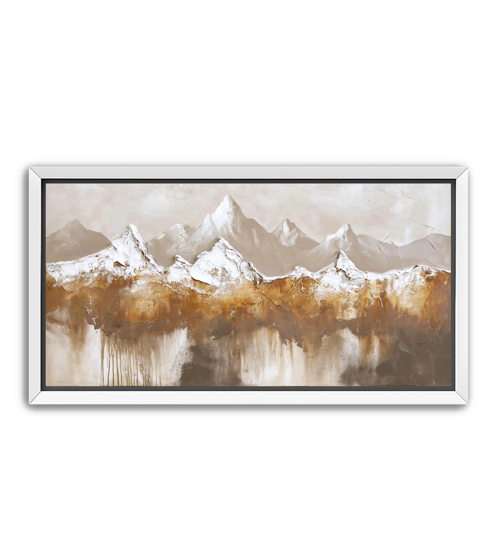 A framed horizontal landscape painting featuring snow-capped mountain peaks reflected in a calm lake, rendered in warm beige, brown, and white tones, enclosed in a white frame.