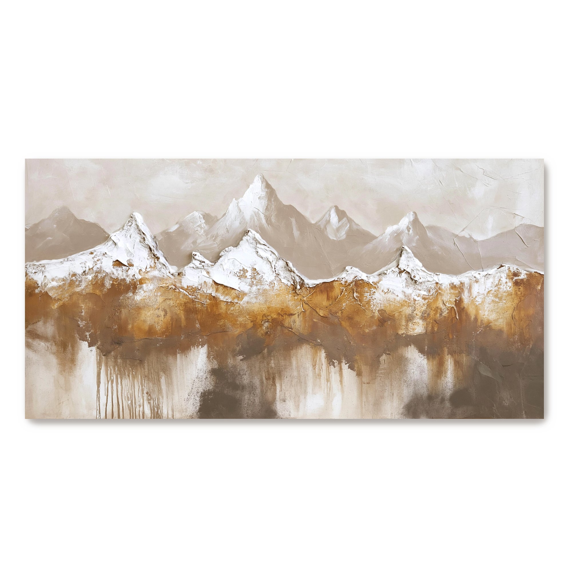 Abstract landscape wall art depicting snow-capped mountains and reflective water in warm beige, brown, and white tones, shown as a rectangular canvas against a white background.