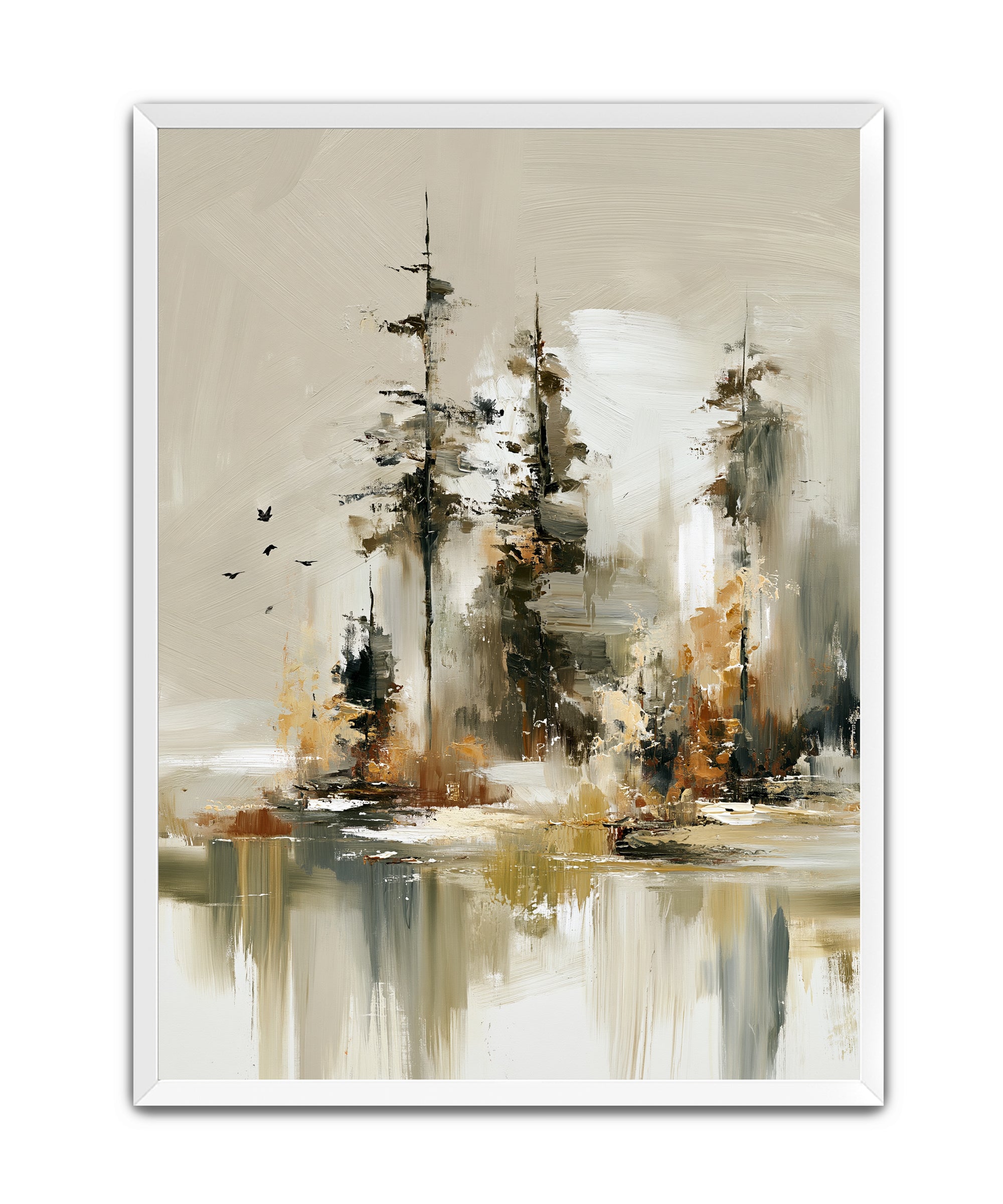 Abstract landscape painting of pine trees reflected in water, presented in a white frame against a light gray background.