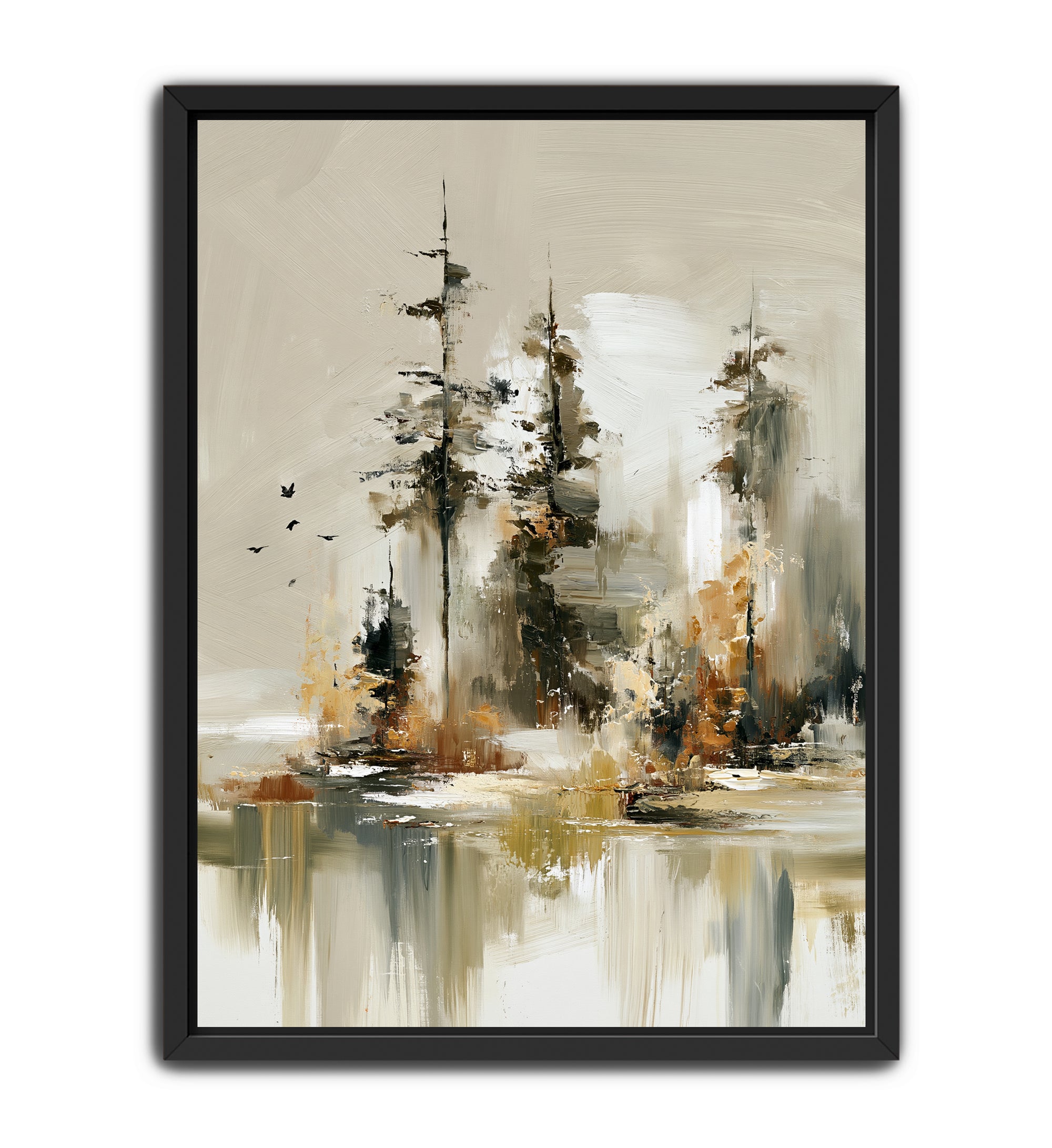 Framed abstract landscape painting featuring stylized pine trees and water reflections in neutral beige, brown, black, and white tones, shown in a black frame against a light gray background.