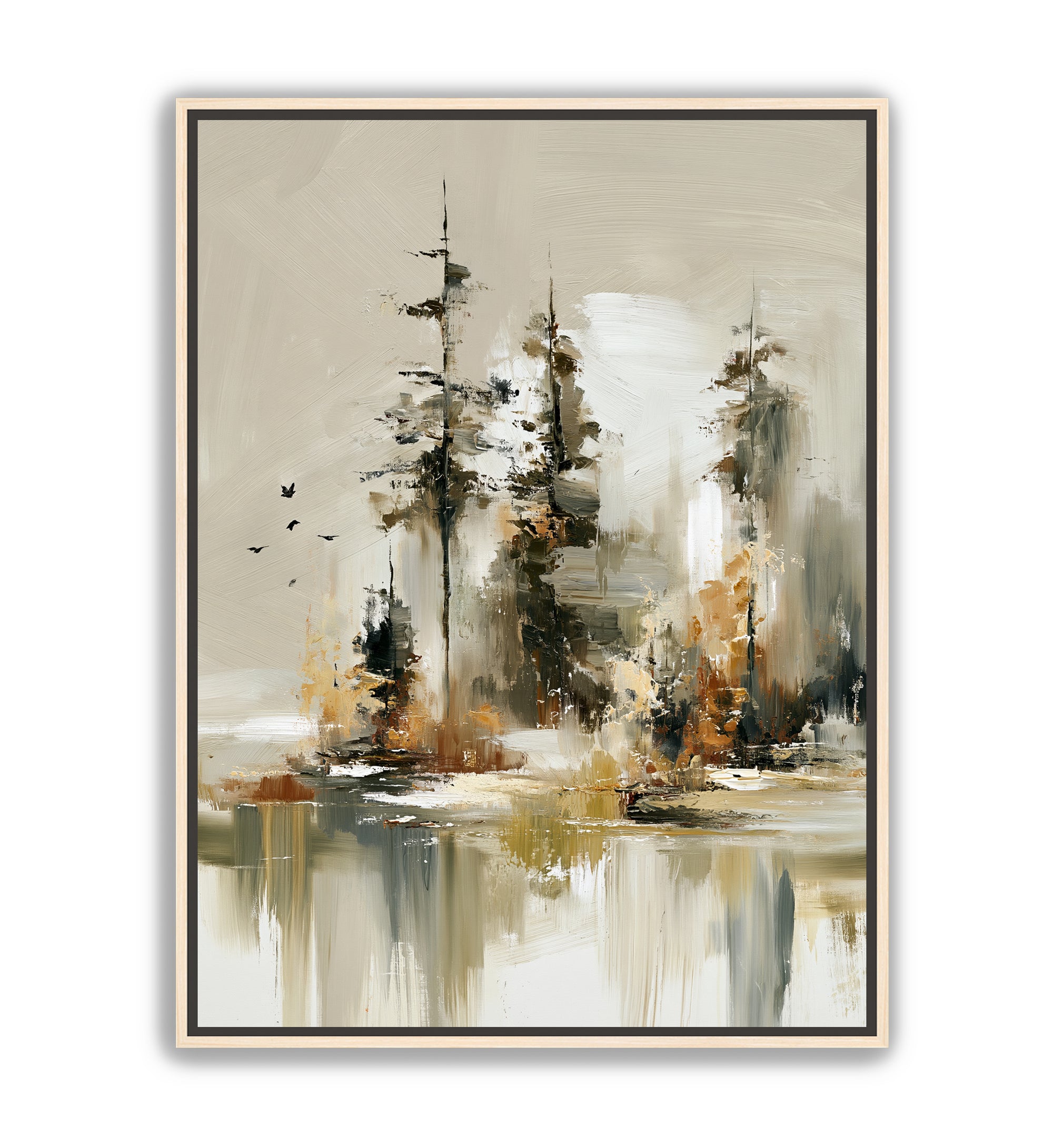Framed abstract landscape wall art featuring tall dark trees and soft reflective brushstrokes in beige, gray, brown, and white tones.