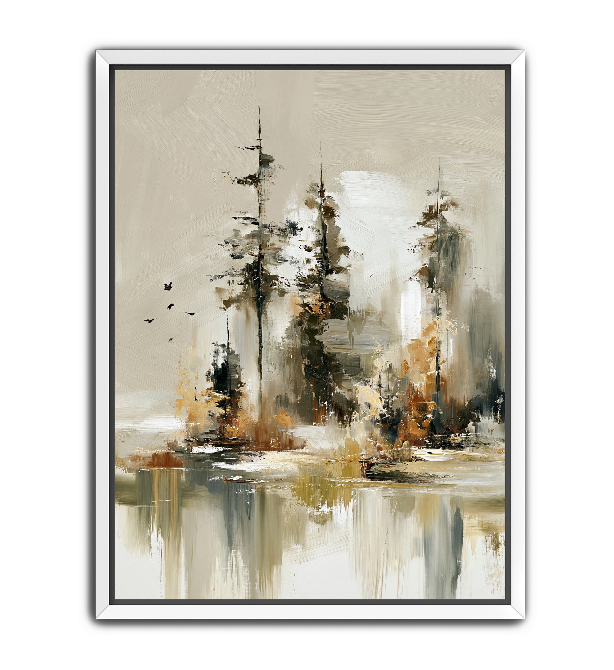 Framed abstract landscape wall art featuring stylized trees and water reflections in beige, brown, black, and white tones, shown against a plain white background.