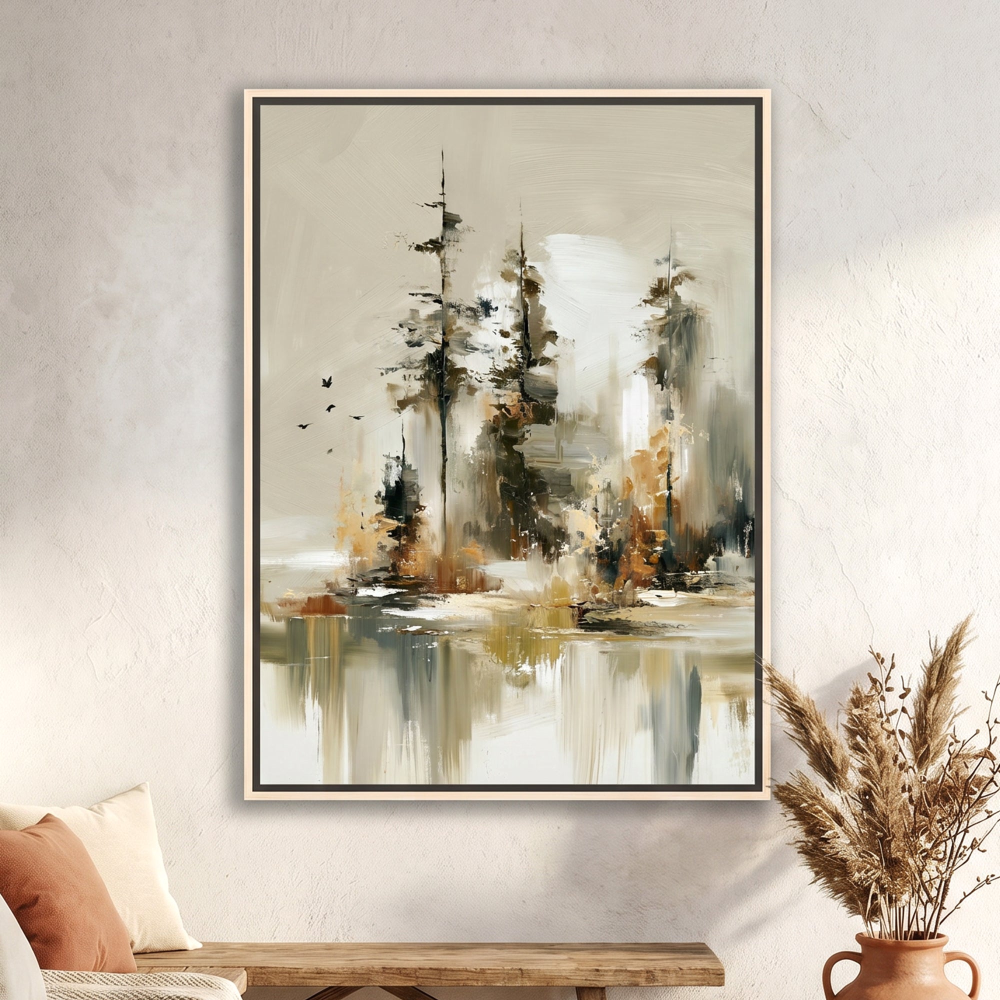 Framed abstract landscape wall art hanging on a textured light wall above a wooden bench, with pillows on the left and dried grass in a vase on the right. The painting depicts tall dark trees and reflective water in soft beige, gray, black, and brown tones.