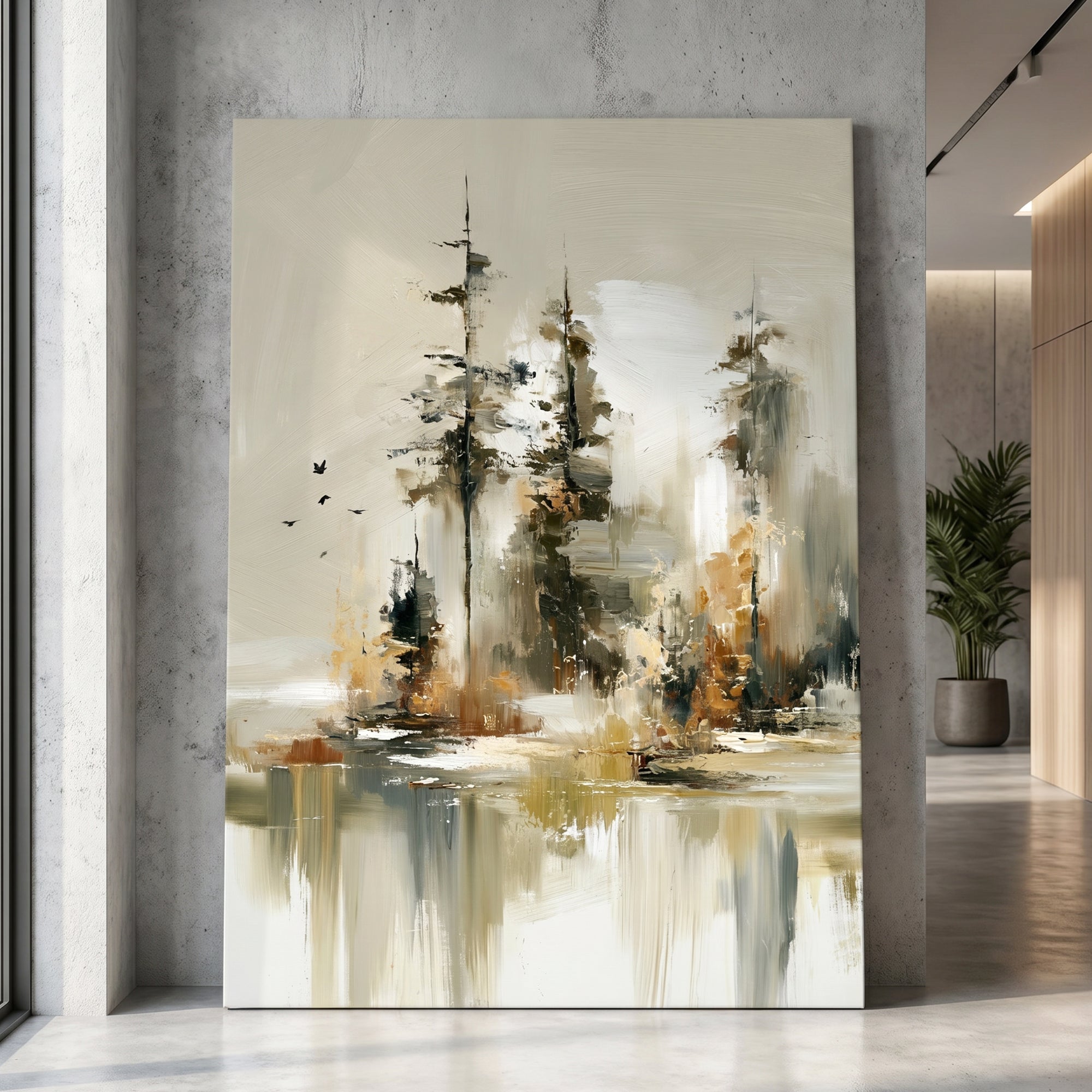 Large vertical abstract canvas painting featuring stylized trees and soft brushstrokes in beige, white, gray, black, and warm brown tones, displayed leaning against a concrete wall in a modern interior hallway with a plant nearby.