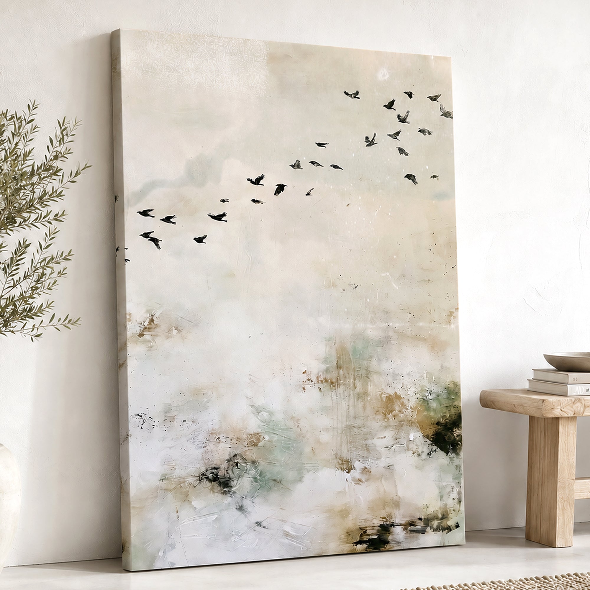 Abstract canvas wall art leaning against a white wall in a styled interior setting, featuring black birds in flight over a soft beige, cream, and muted green background.