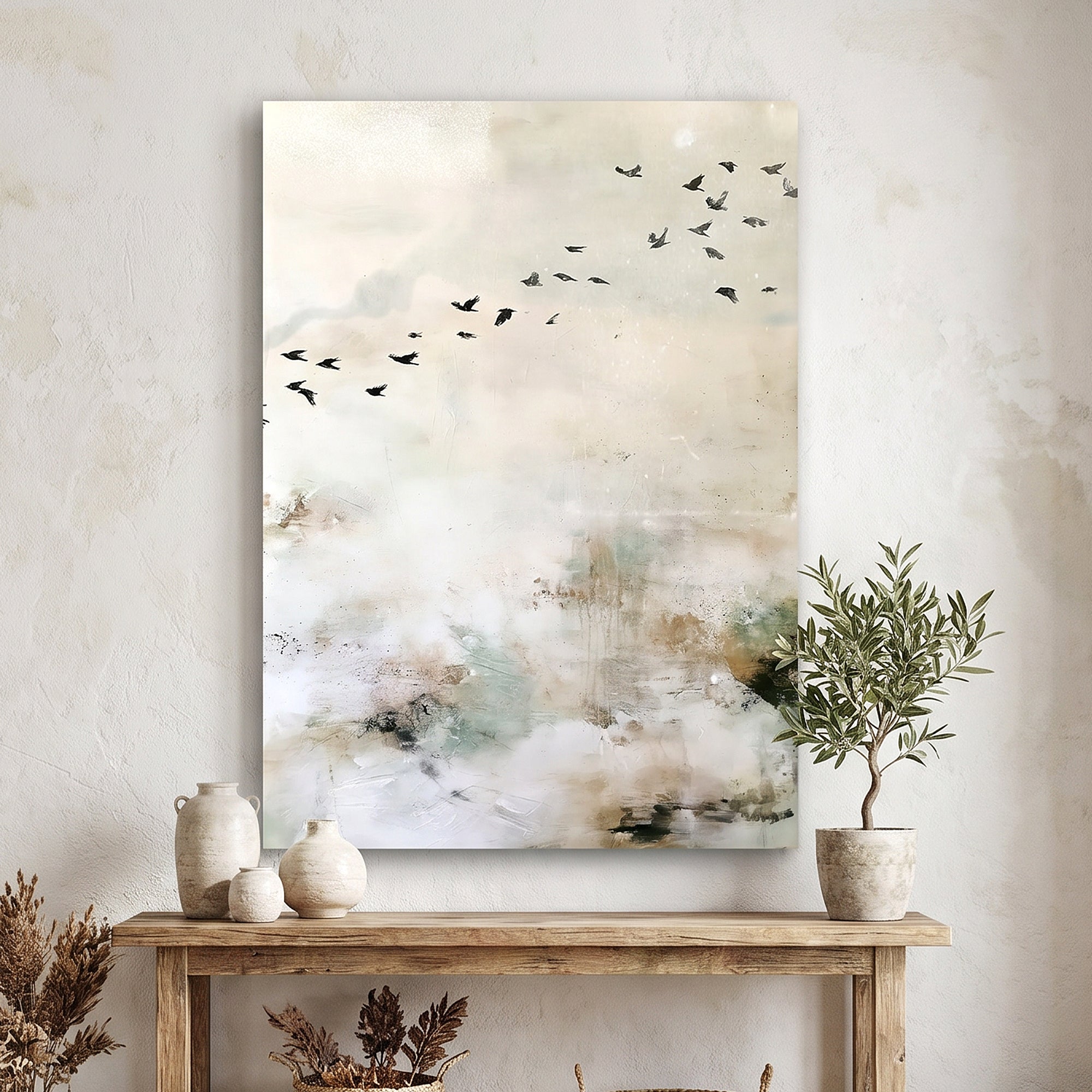 Abstract canvas wall art featuring a soft cream and beige landscape with small black birds flying across the sky, displayed above a wooden console table with decorative vases and a potted olive tree.