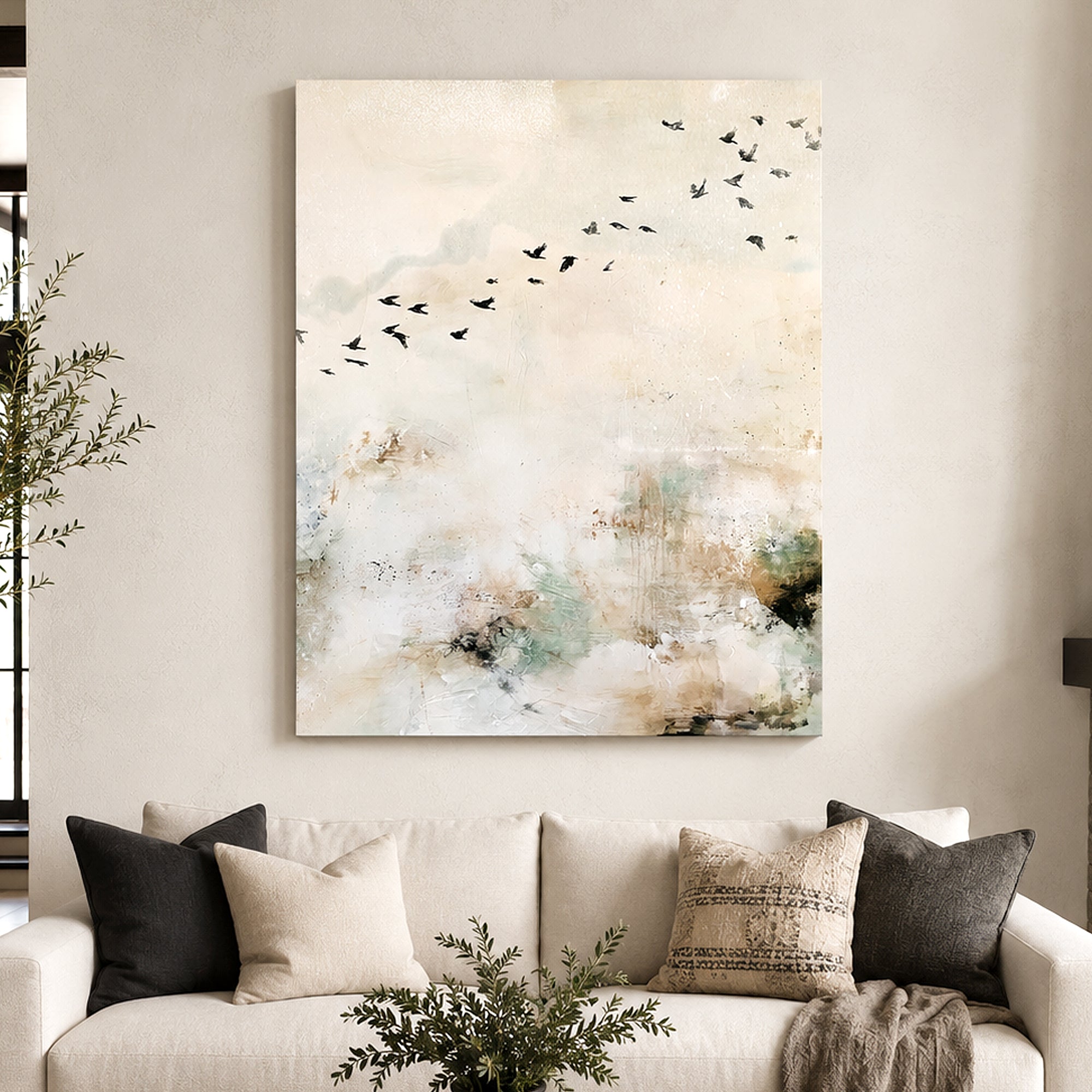 Abstract canvas wall art featuring black birds flying over a soft beige, cream, and muted green landscape, displayed above a white sofa in a modern living room setting.