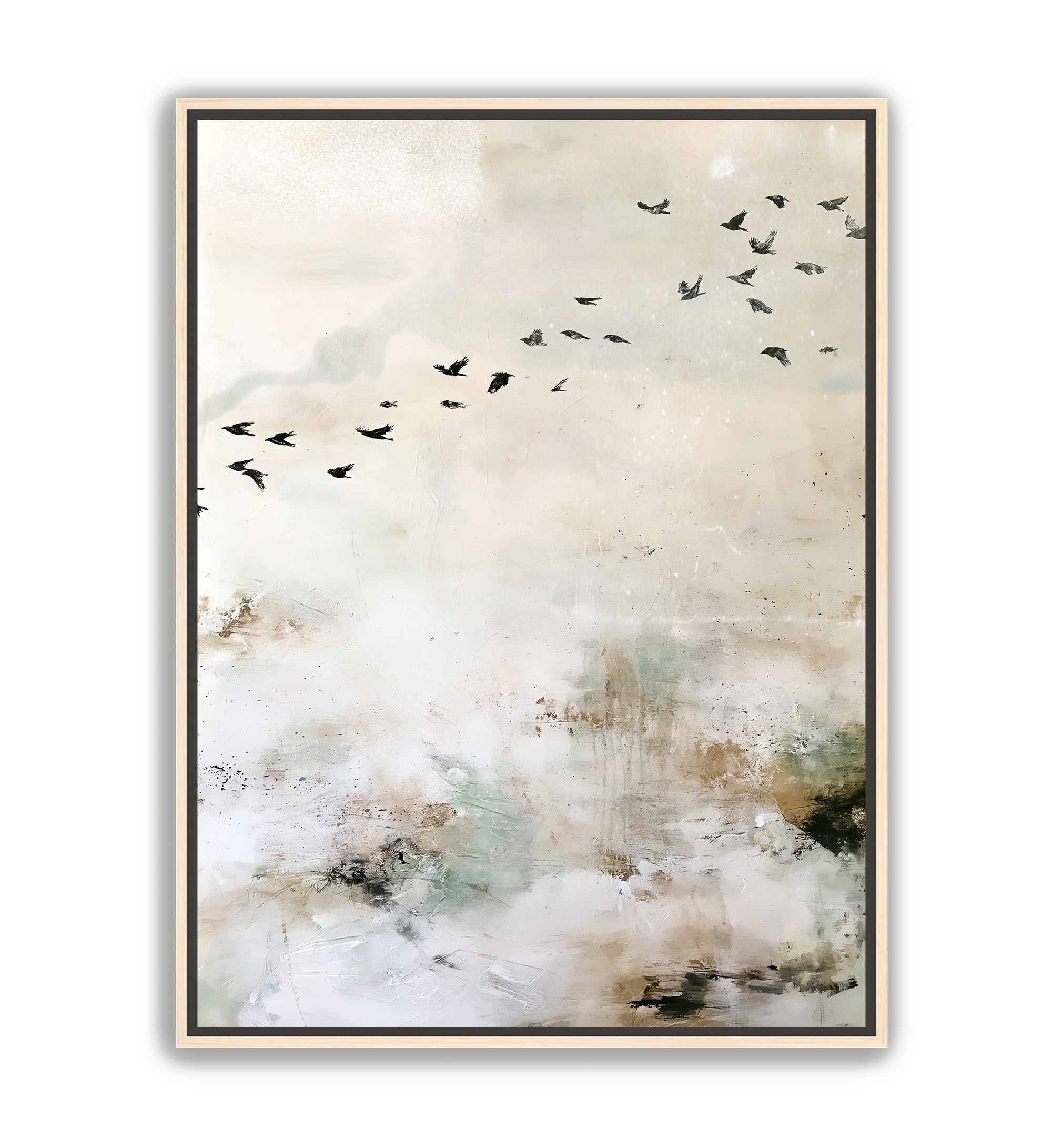 Framed abstract wall art featuring a flock of black birds flying over a soft, textured landscape in cream, beige, and muted green tones.
