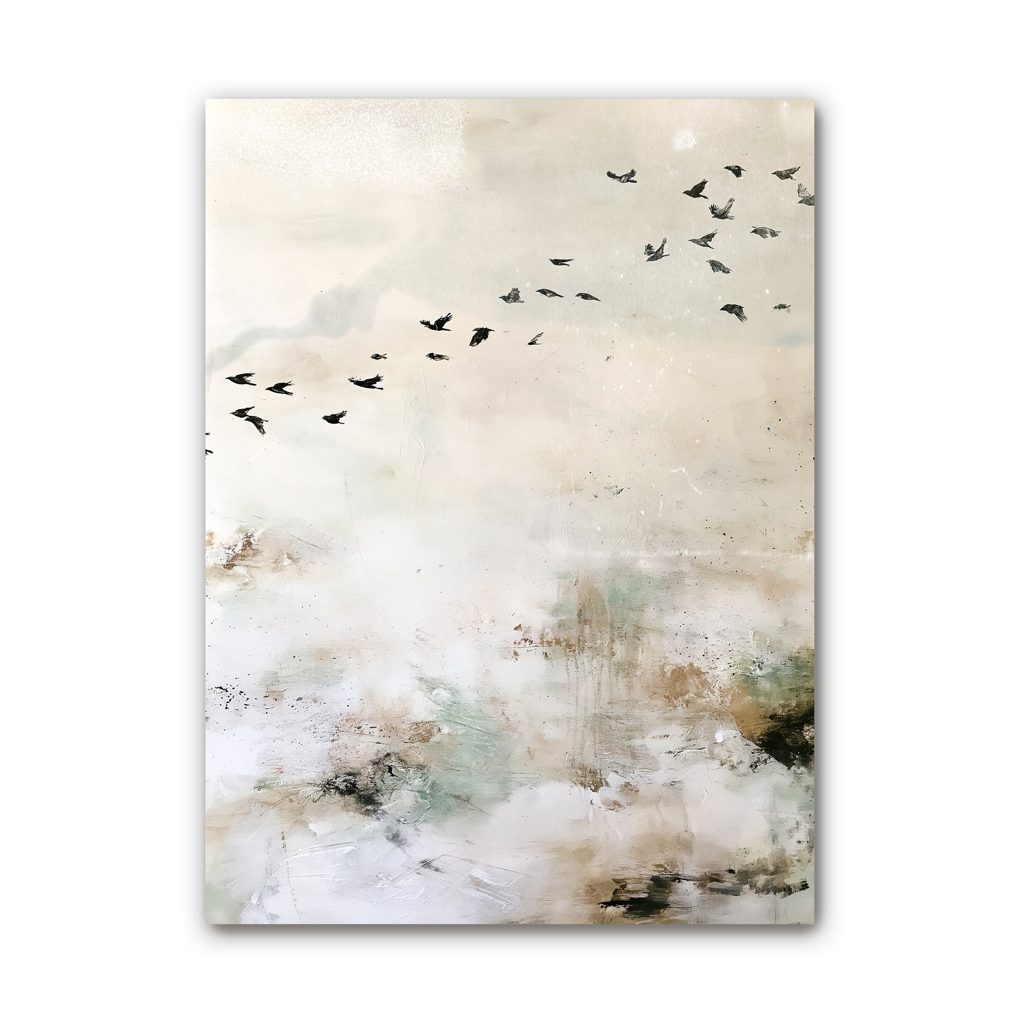 Abstract canvas wall art featuring a flock of black birds flying across a soft beige and off-white background with textured brushstrokes and subtle muted green and brown accents.