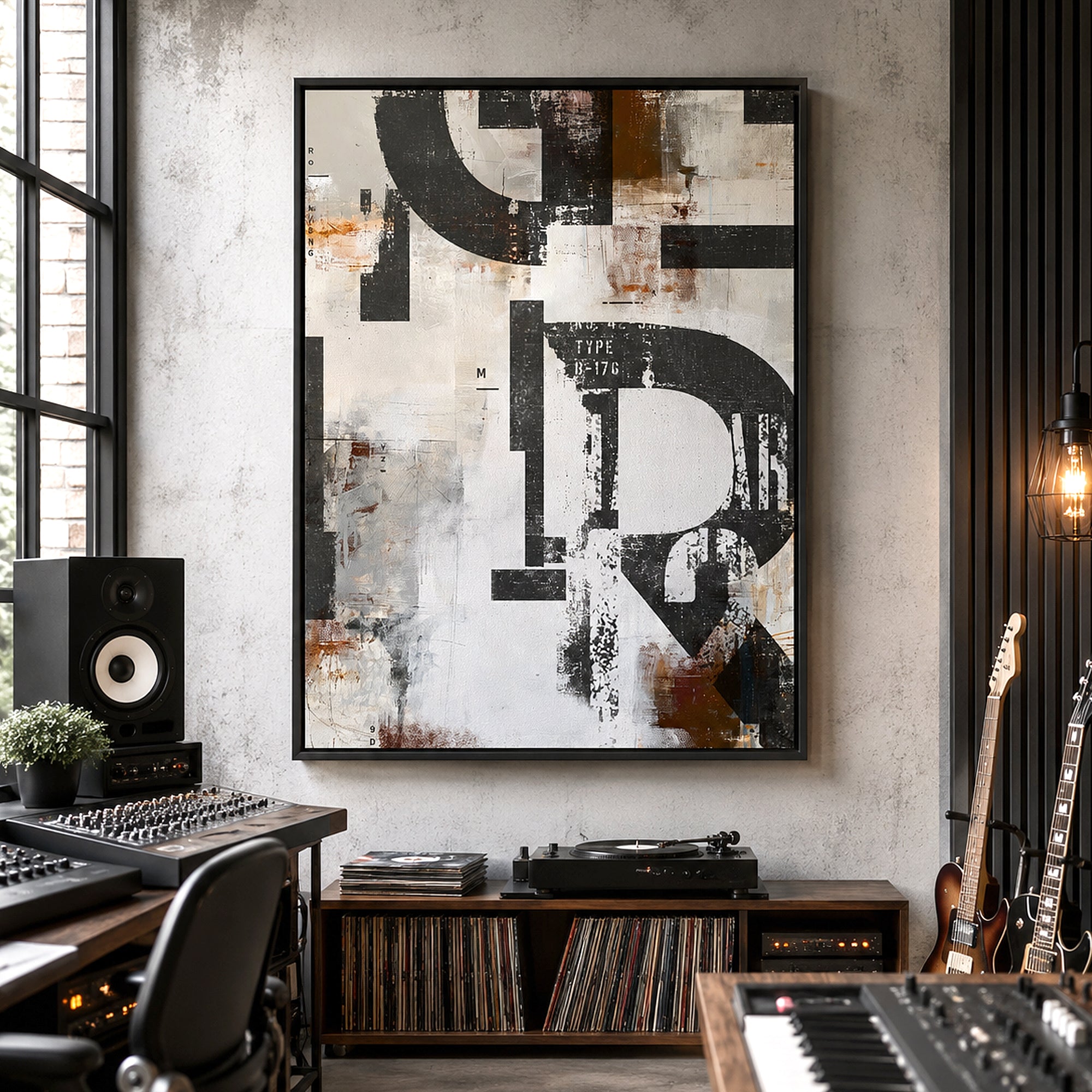 Large framed abstract wall art with bold black letterforms and textured white, gray, and rust-brown brushstrokes, displayed in a modern music room above a record rack.
