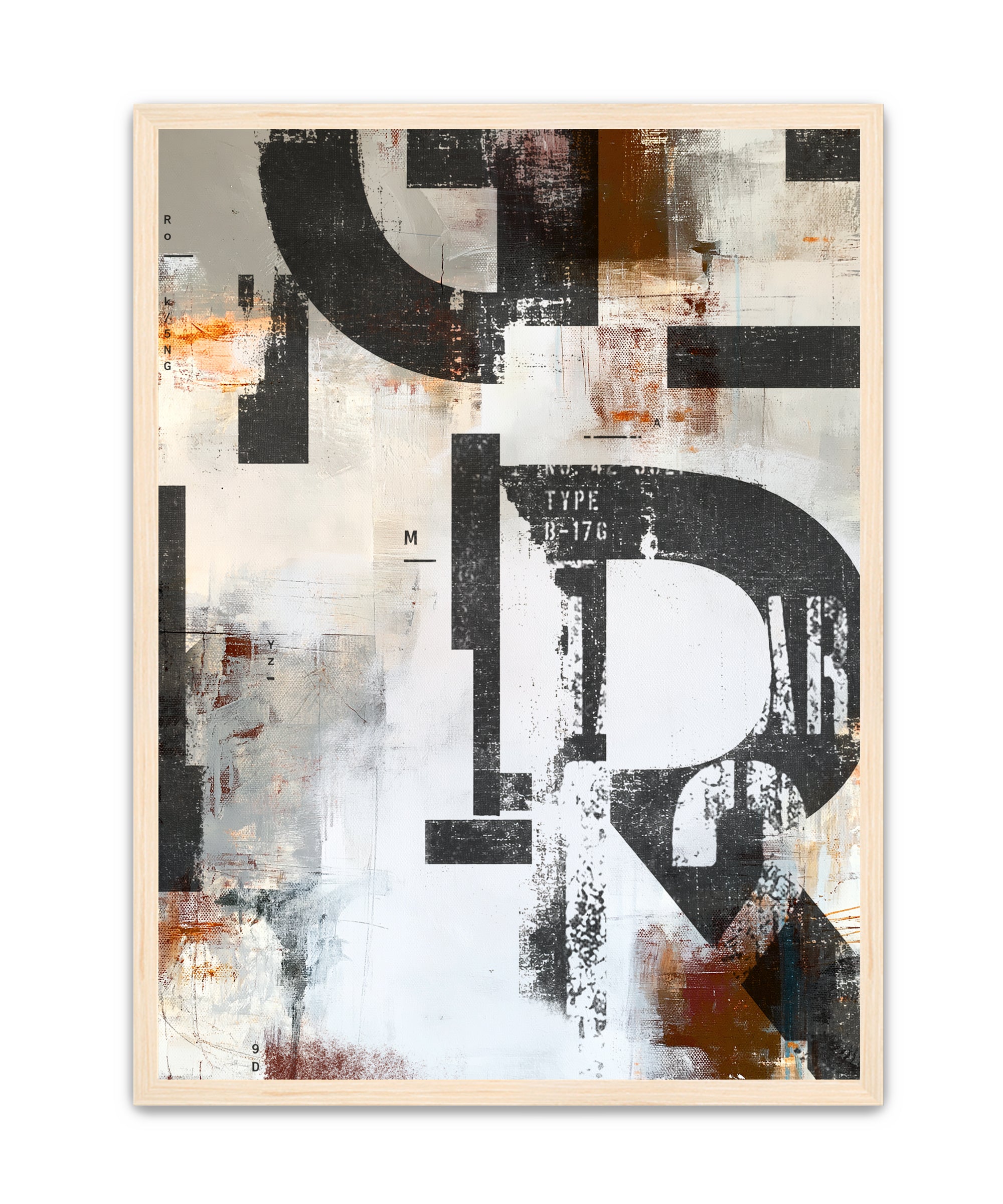 An abstract typographic art print featuring large black letters over a textured white, gray, and brown background, presented in a light wood frame against a white backdrop.