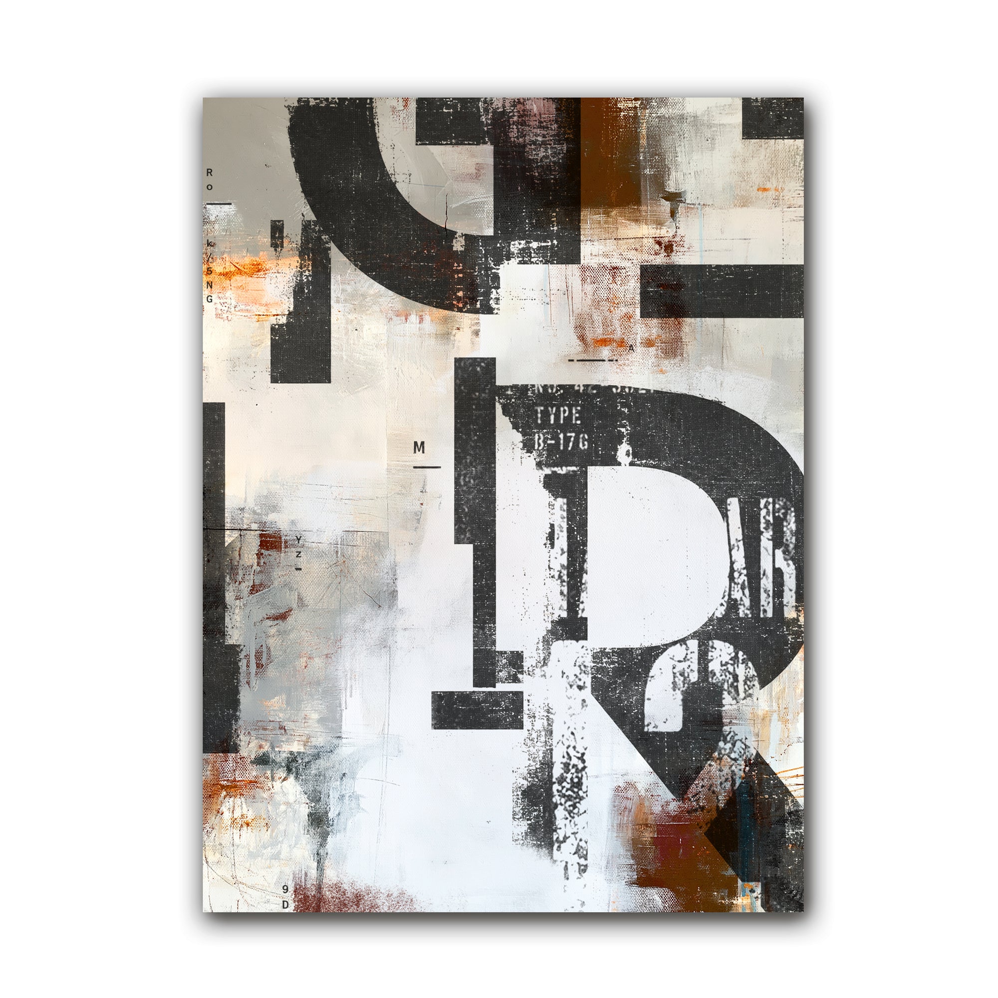 Abstract canvas wall art featuring large distressed black letters over a textured off-white, gray, and rust-brown background, shown hanging against a plain white wall.