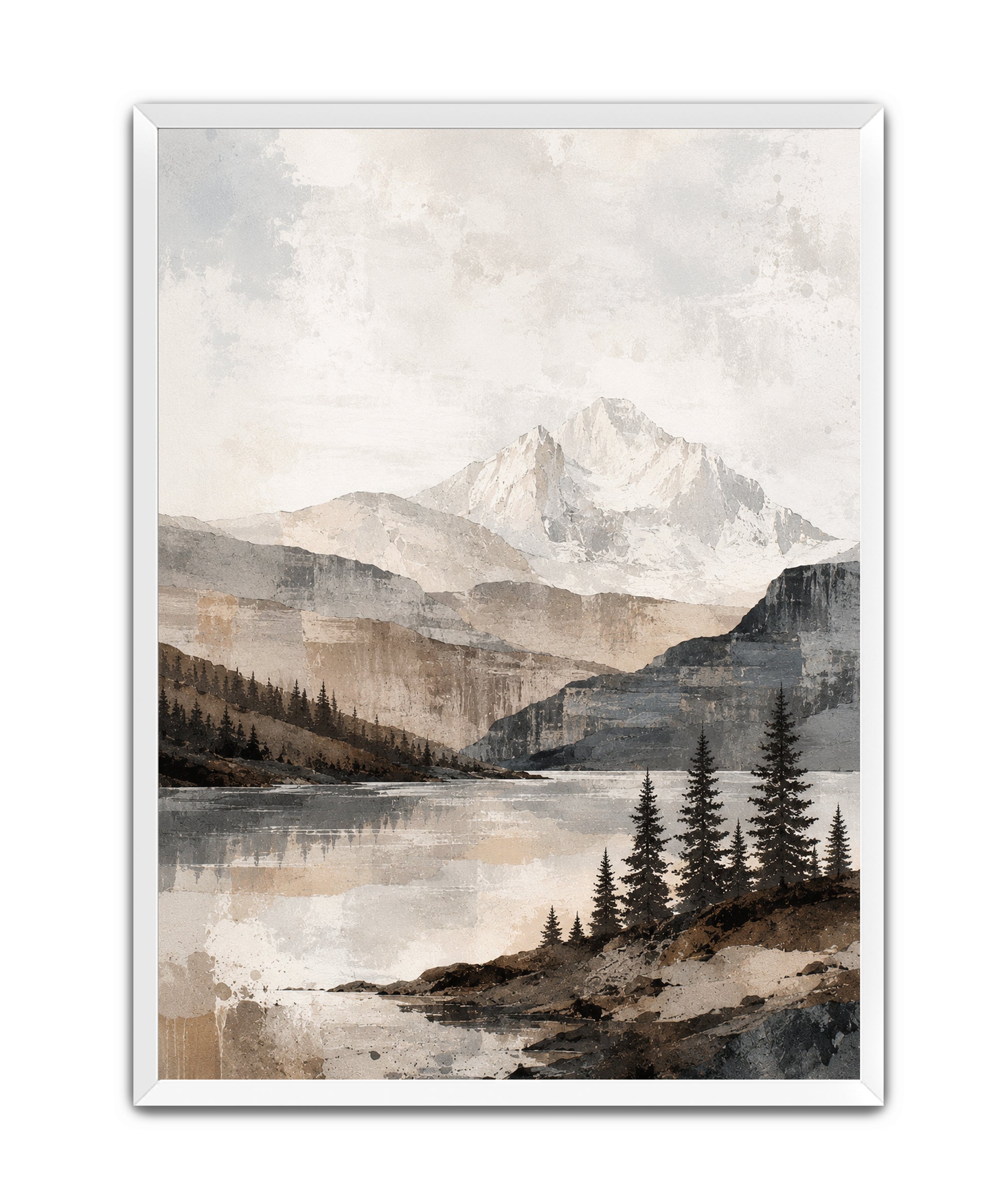 A framed art print depicting a serene mountain landscape with a calm lake, evergreen trees in the foreground, and misty peaks under a cloudy sky, shown against a plain white background.