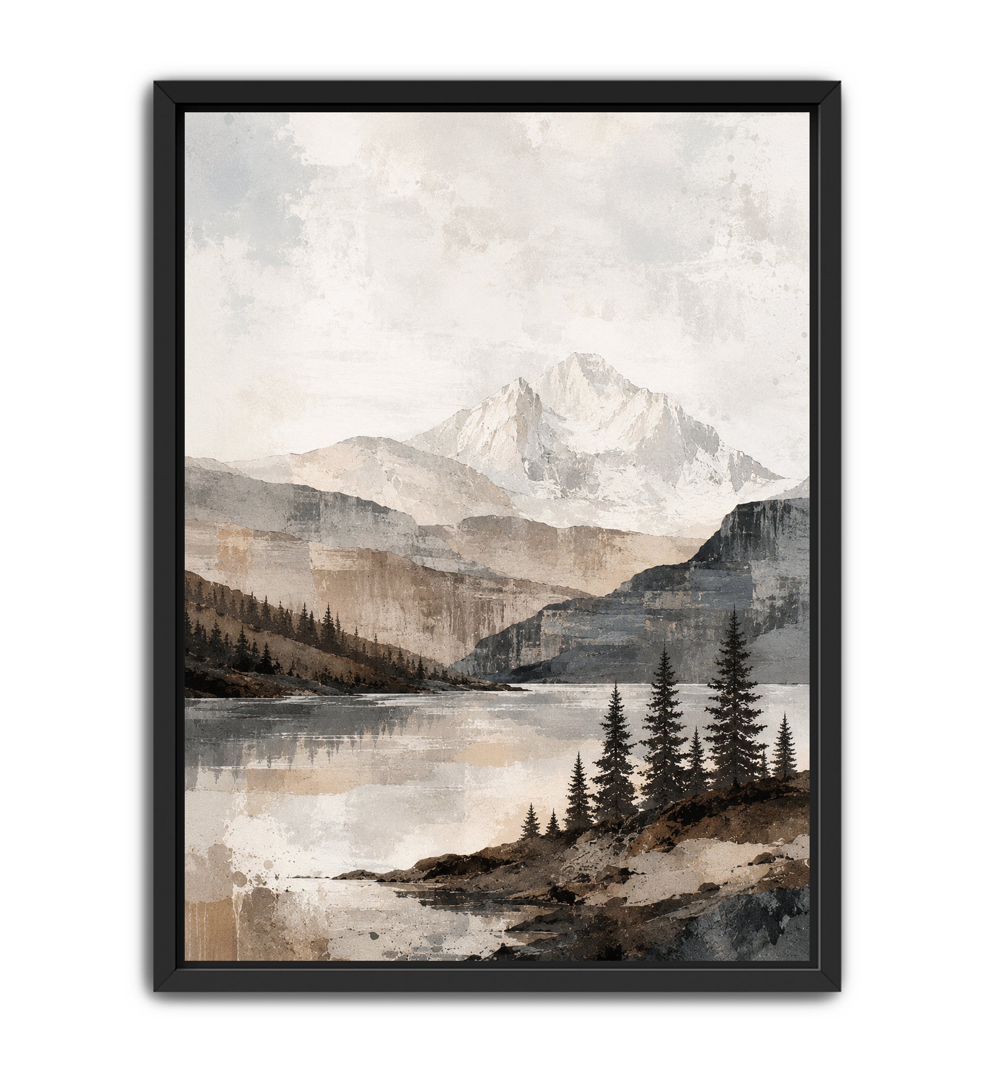 Framed landscape wall art featuring a mountain, lake, and evergreen trees in soft neutral watercolor tones, shown against a plain white background.