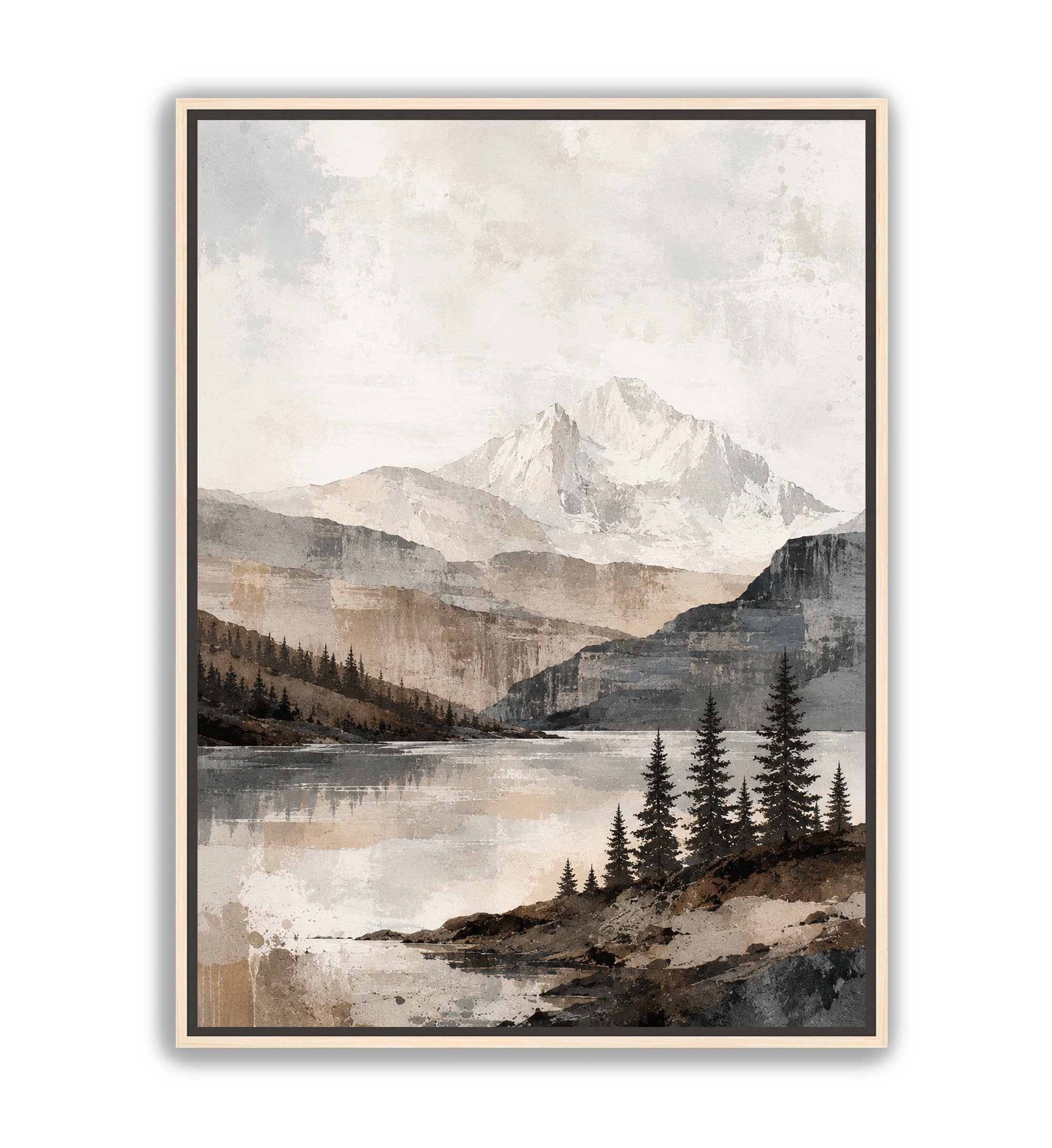 A framed landscape art print featuring a snow-capped mountain, a calm lake, and dark evergreen trees in muted beige, gray, brown, and white tones.
