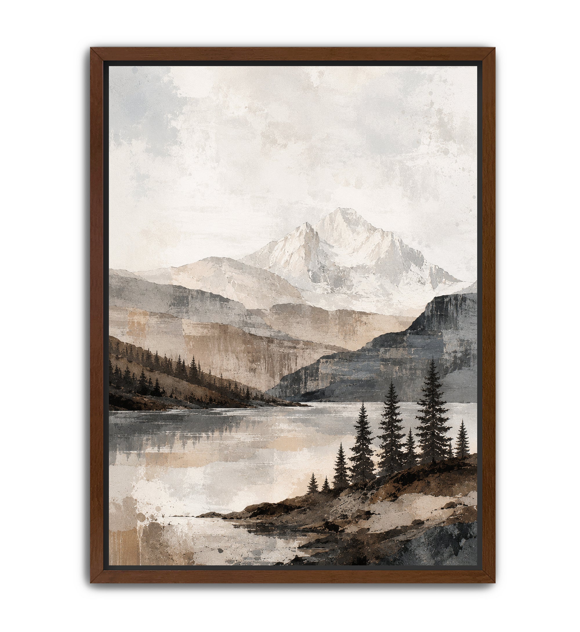 A framed landscape art print featuring a snow-capped mountain, pine trees, and a calm lake in muted earth tones, enclosed in a dark brown wooden frame against a white background.