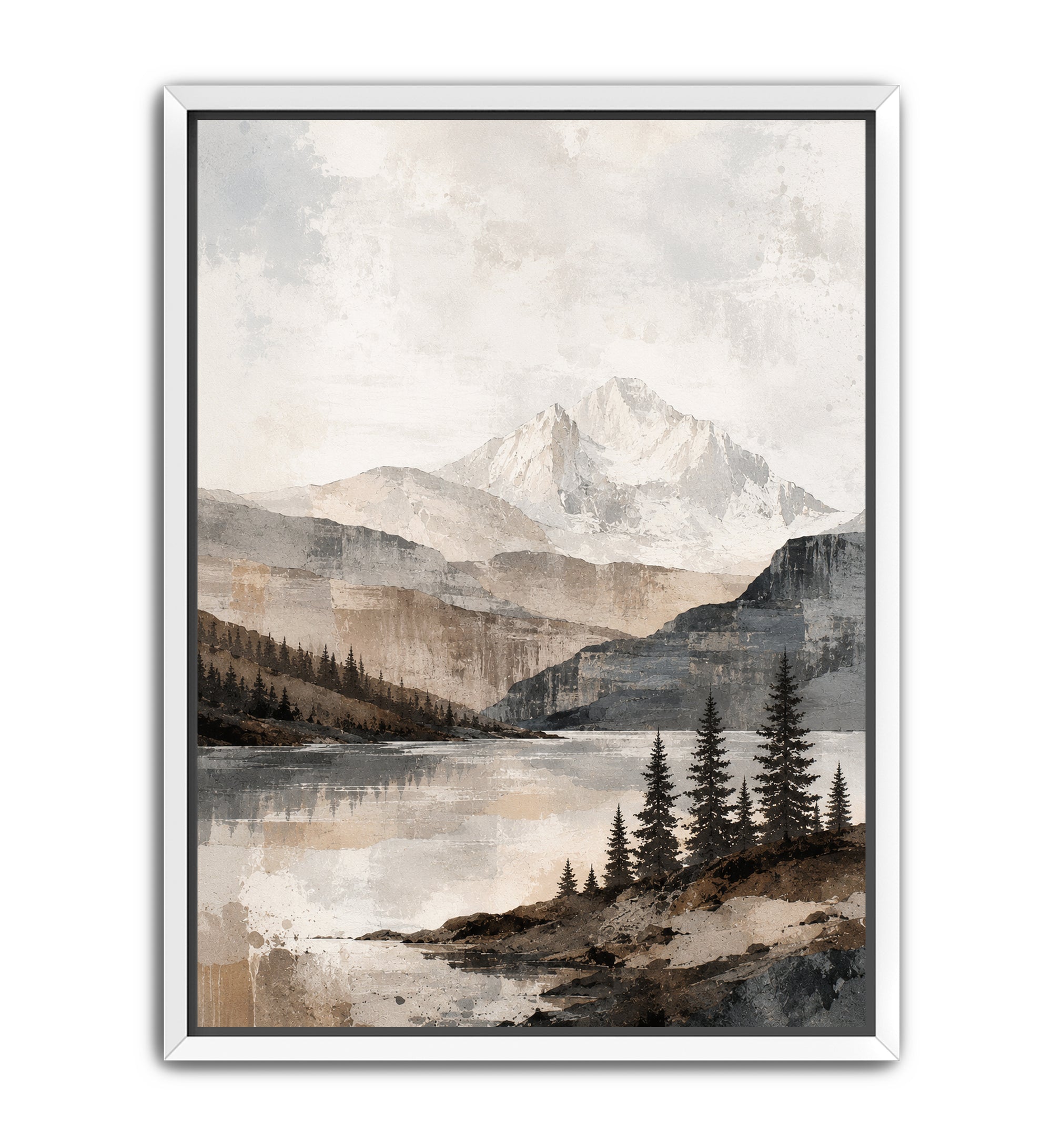 A framed vertical landscape art print featuring a snow-capped mountain, a calm lake, and dark evergreen trees in a muted watercolor style, shown against a plain white background.