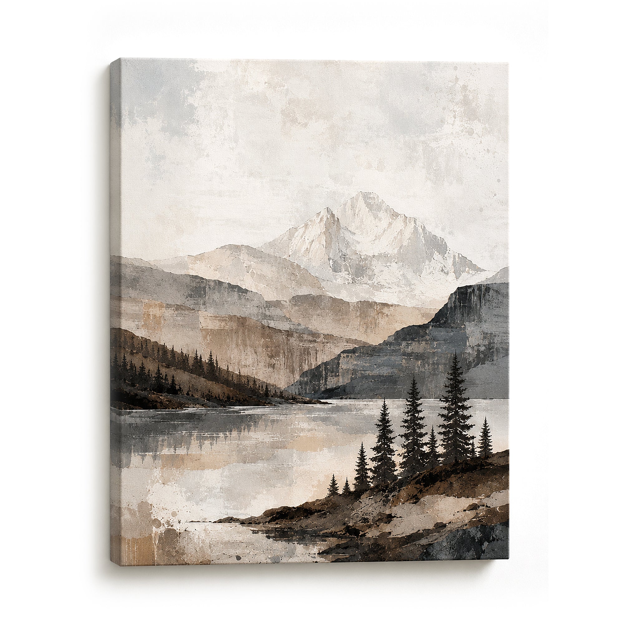 A vertical canvas wall art print featuring a watercolor landscape of a mountain, lake, and pine trees, shown at a slight angle against a white background.