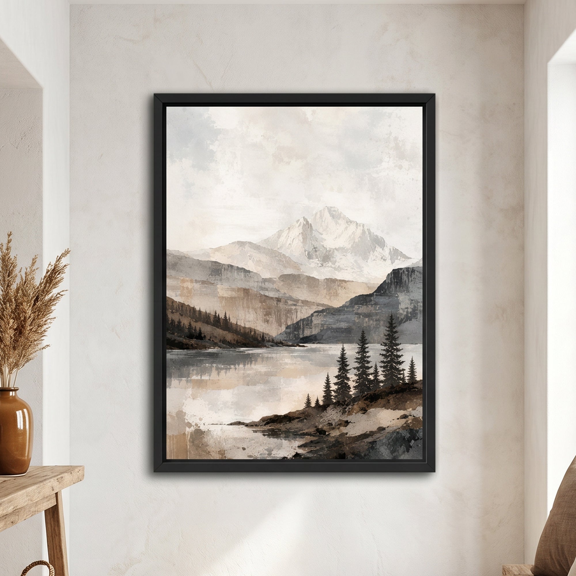 A framed vertical landscape art print featuring a snow-capped mountain, misty lakes, and pine trees, displayed on a textured beige wall in a styled interior setting.