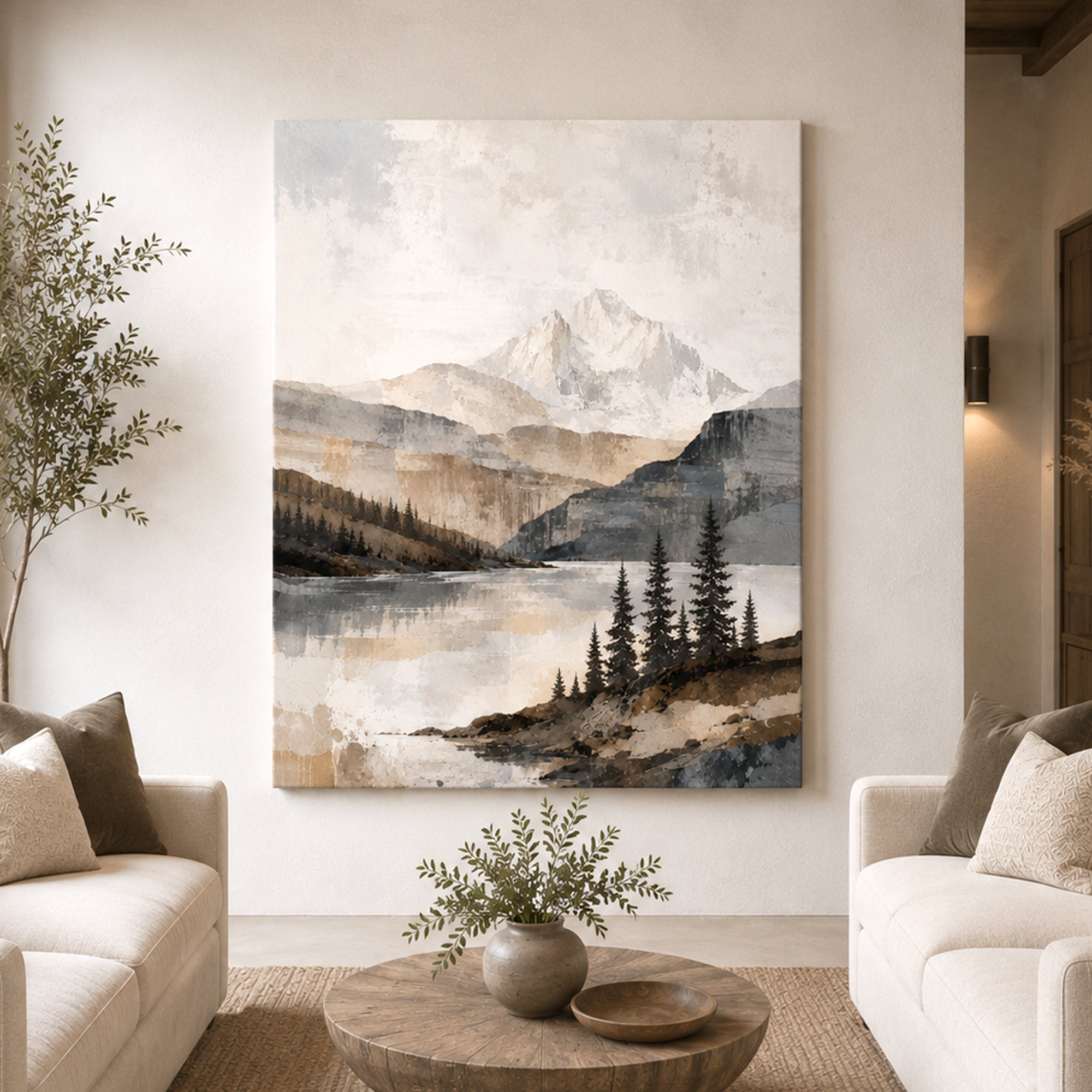 A large vertical canvas painting of a mountain lake landscape with pine trees, displayed on a wall in a modern living room setting with a round wooden coffee table and light-colored sofas.