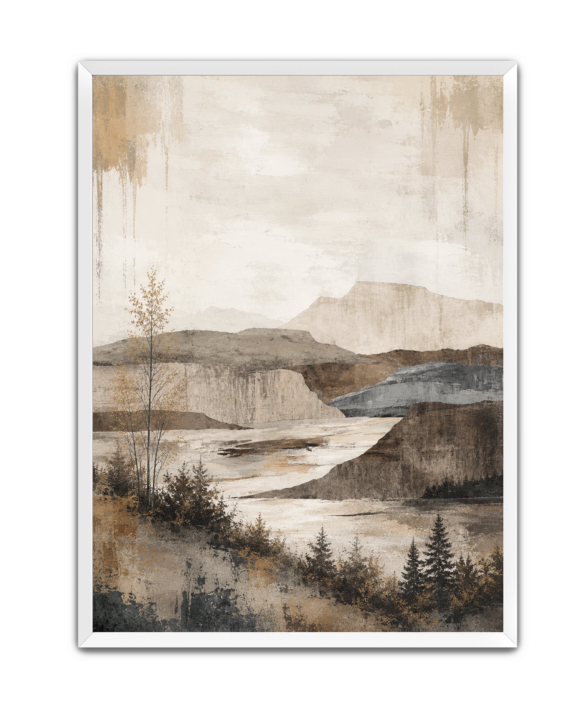 A framed landscape art print featuring a textured, painterly scene of mountains, cliffs, a river, and evergreen trees in muted beige, brown, gray, and off-white tones.