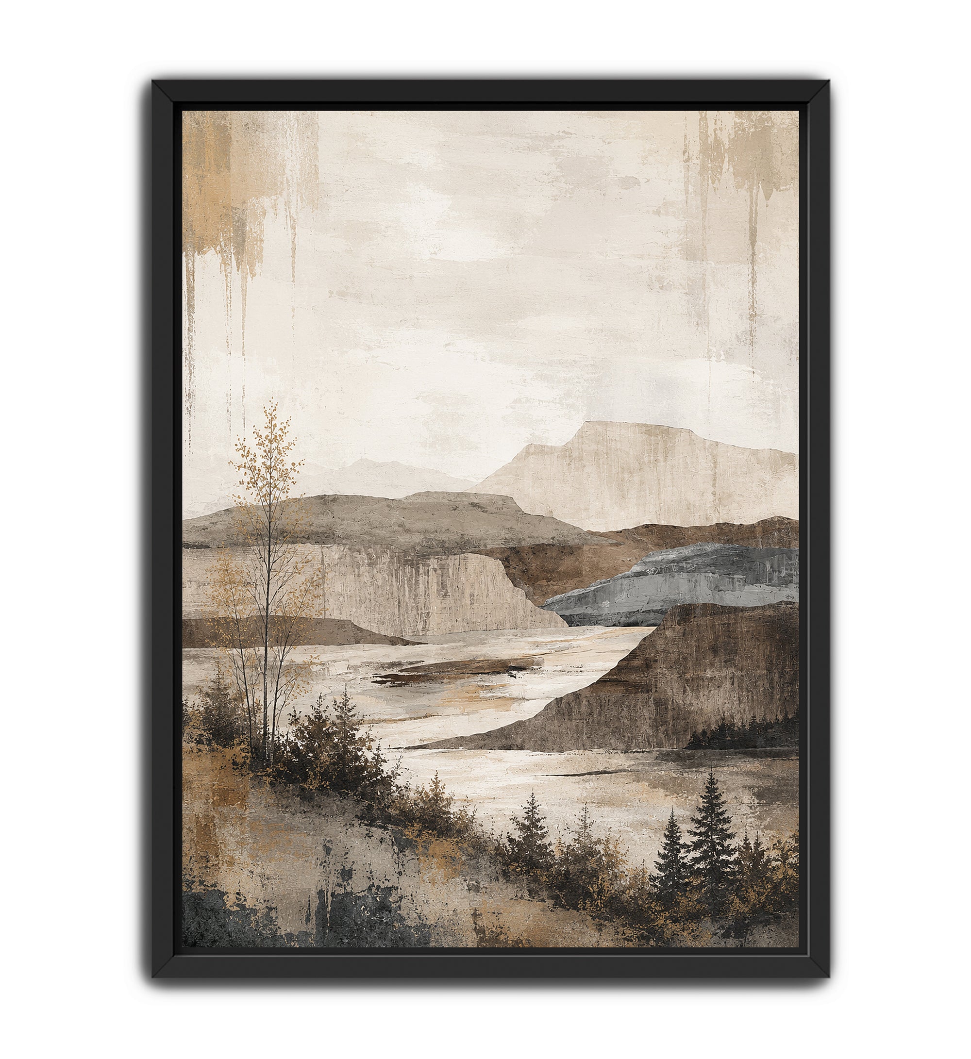 A framed landscape art print featuring a textured, abstract depiction of mountains, a river, and pine trees in muted beige, brown, gray, and blue tones, enclosed in a black frame.
