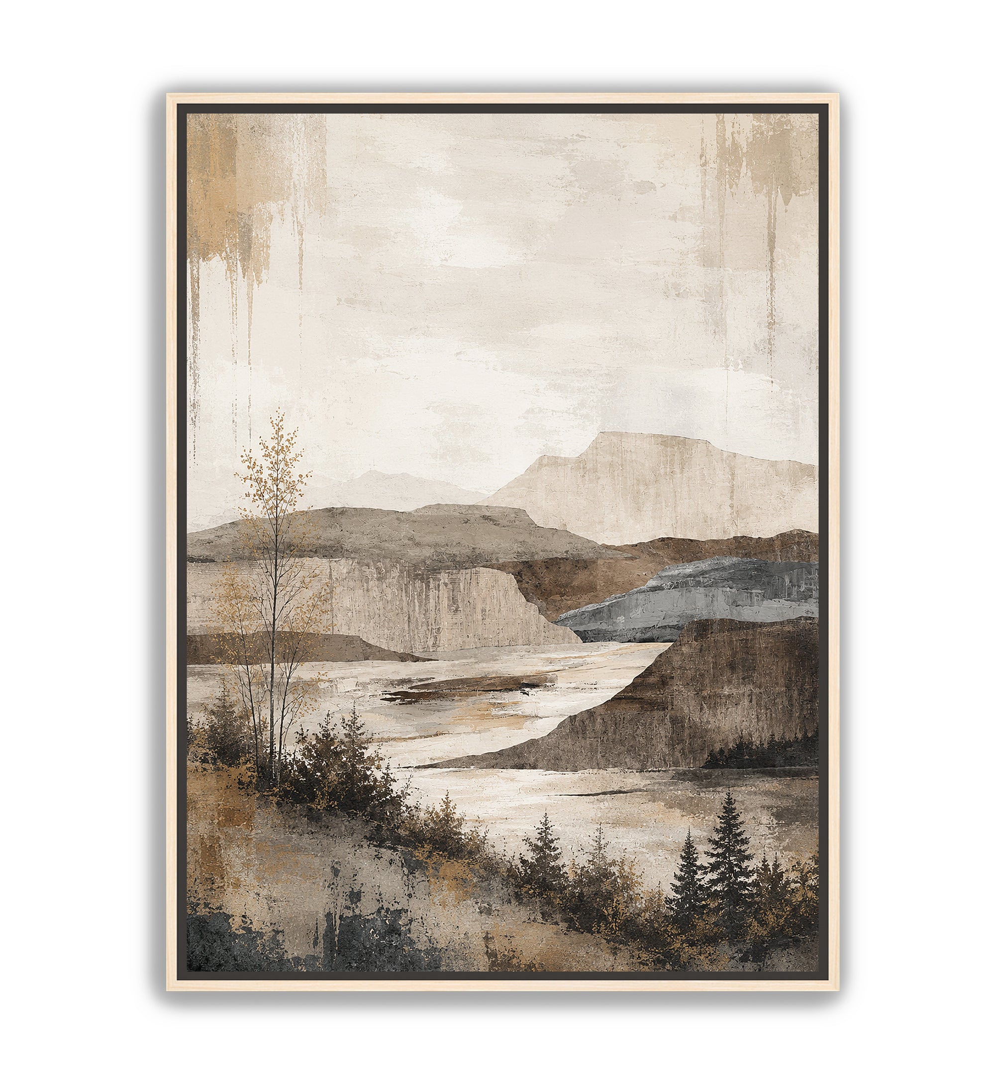 A framed landscape art print featuring a muted, textured scene of mountains, a river, and trees in earthy beige, brown, gray, and blue tones, shown against a plain white background.