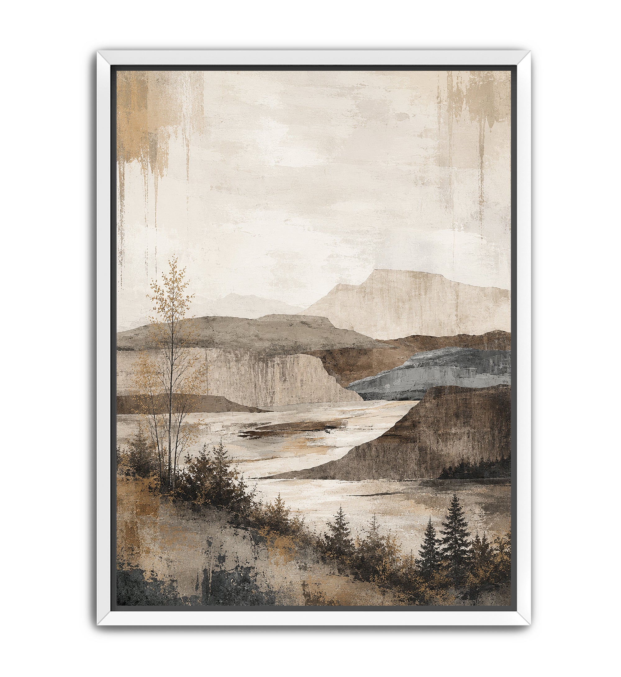 A framed landscape art print featuring a muted, textured scene of mountains, a river, and evergreen trees in beige, brown, gray, and off-white tones, set against a clean white background.