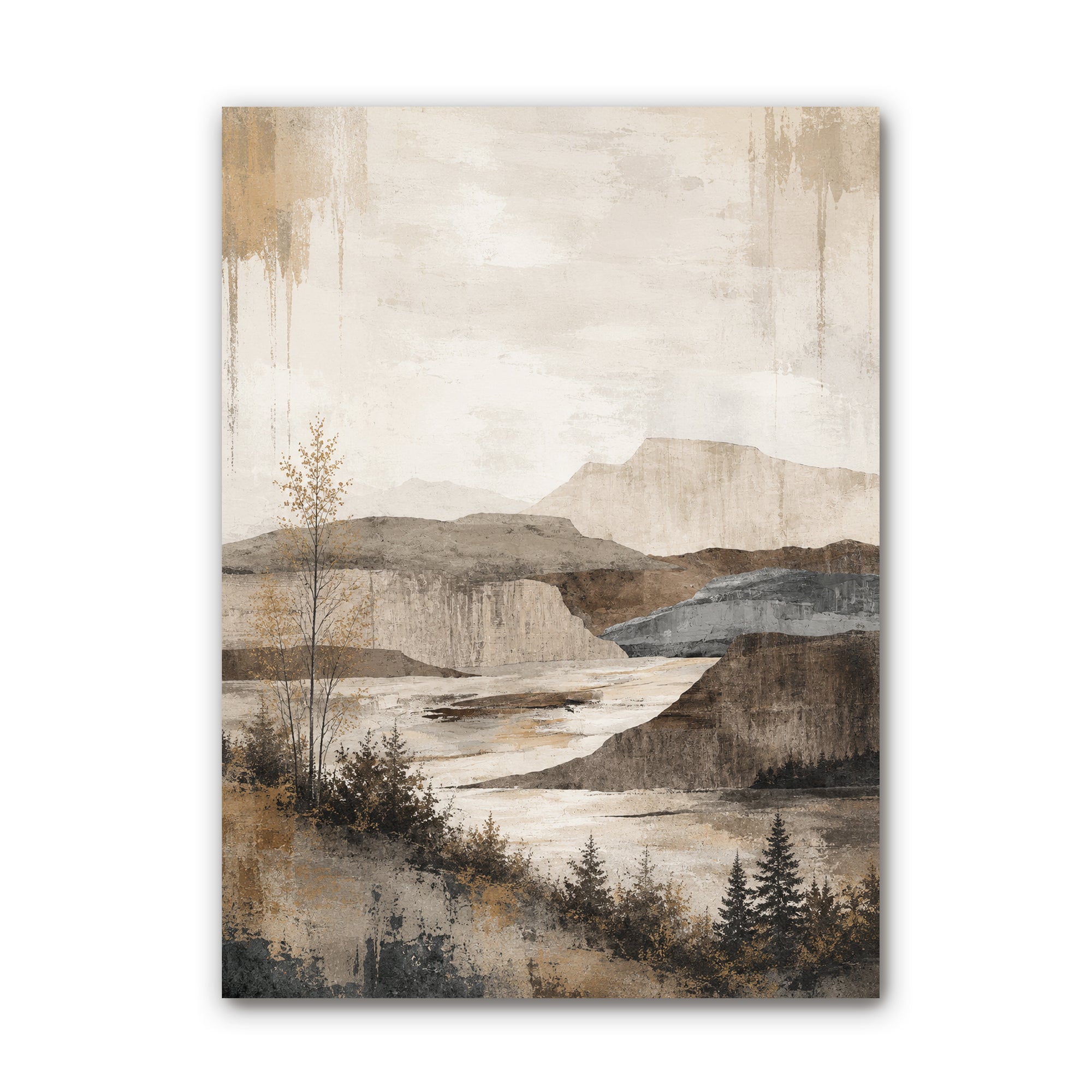 A vertical landscape art print featuring a textured, painterly scene of mountains, a river, and pine trees in muted beige, brown, gray, and blue tones, shown against a plain white background.