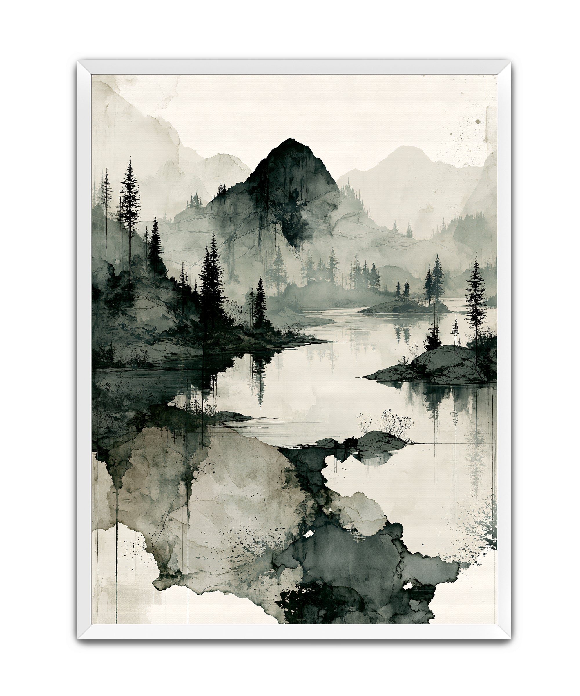 A framed art print featuring a minimalist landscape painting in black, gray, and beige ink wash style, depicting mountains, trees, and a reflective lake.