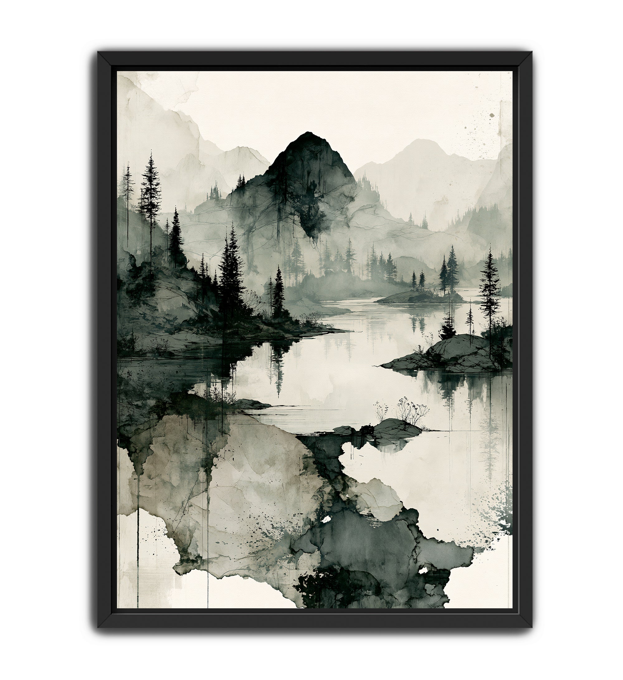 A framed landscape art print featuring a misty mountain lake scene in black, gray, and off-white ink wash style, enclosed in a thin black frame against a white background.