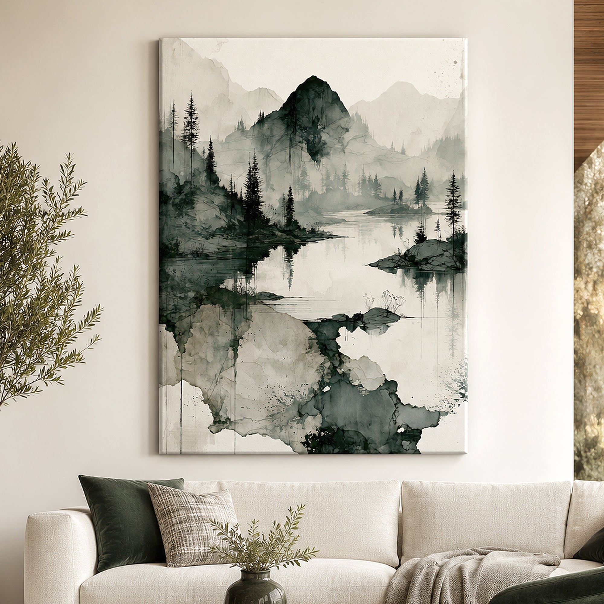 A vertical canvas wall art print featuring a black and white ink-style landscape with mountains, trees, and a reflective lake, displayed above a light beige sofa in a modern living room setting.