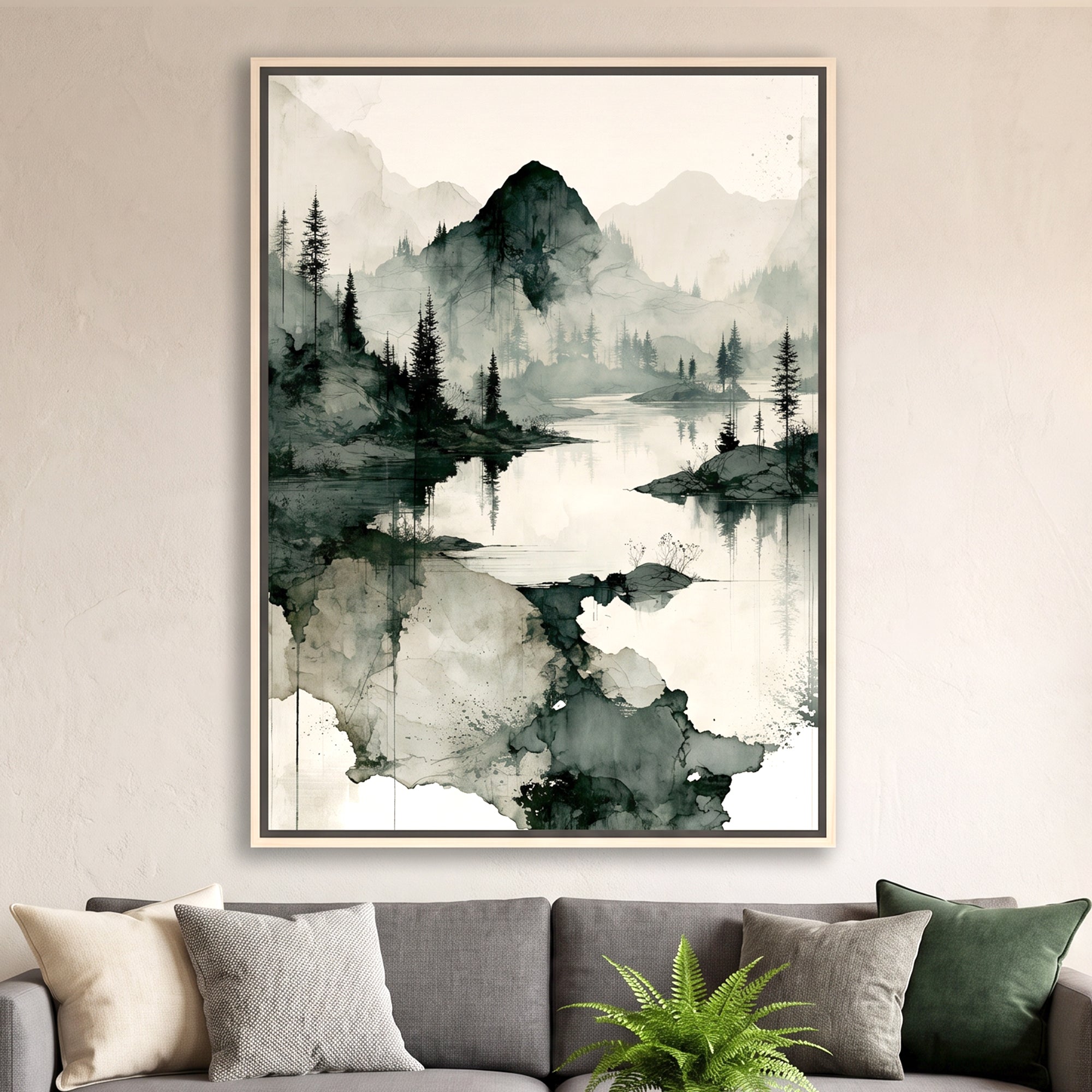 A framed vertical watercolor landscape print featuring a misty mountain lake scene in black, gray, and off-white tones, displayed on a light beige wall above a gray sofa with decorative pillows and a small green plant.