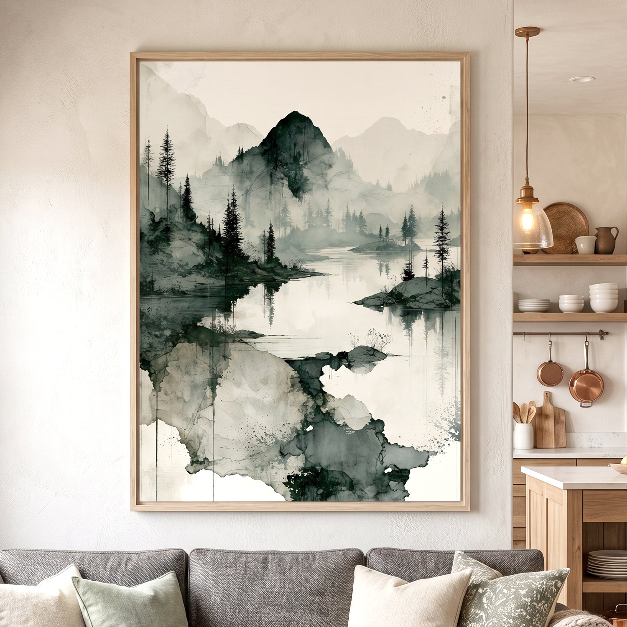 A framed vertical watercolor landscape print featuring misty mountains, pine trees, and a reflective lake, displayed on a light beige wall above a gray sofa in a modern living room setting.