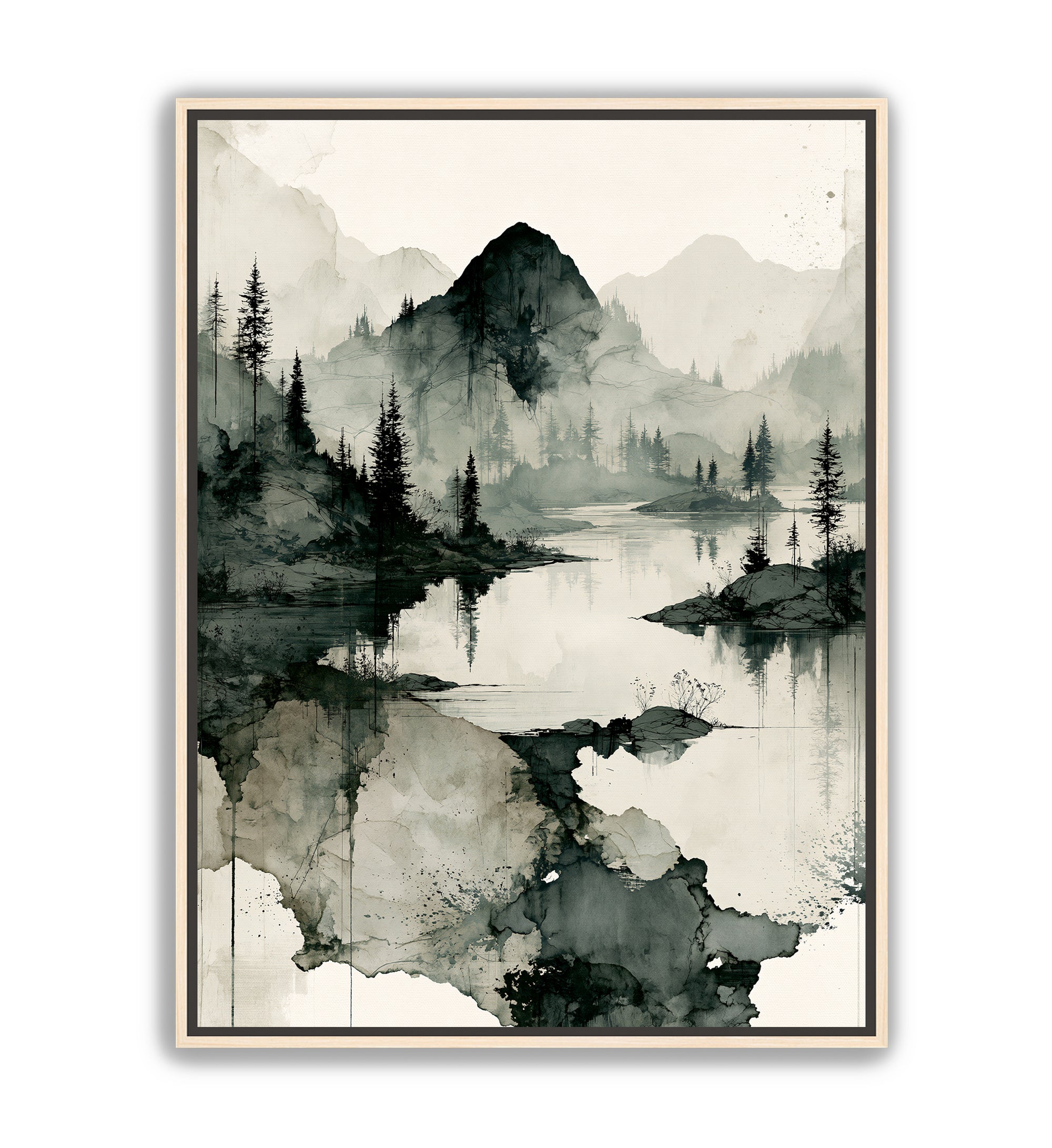 A framed art print featuring a minimalist black and white ink wash landscape with mountains, trees, and a reflective lake, shown against a clean white background.