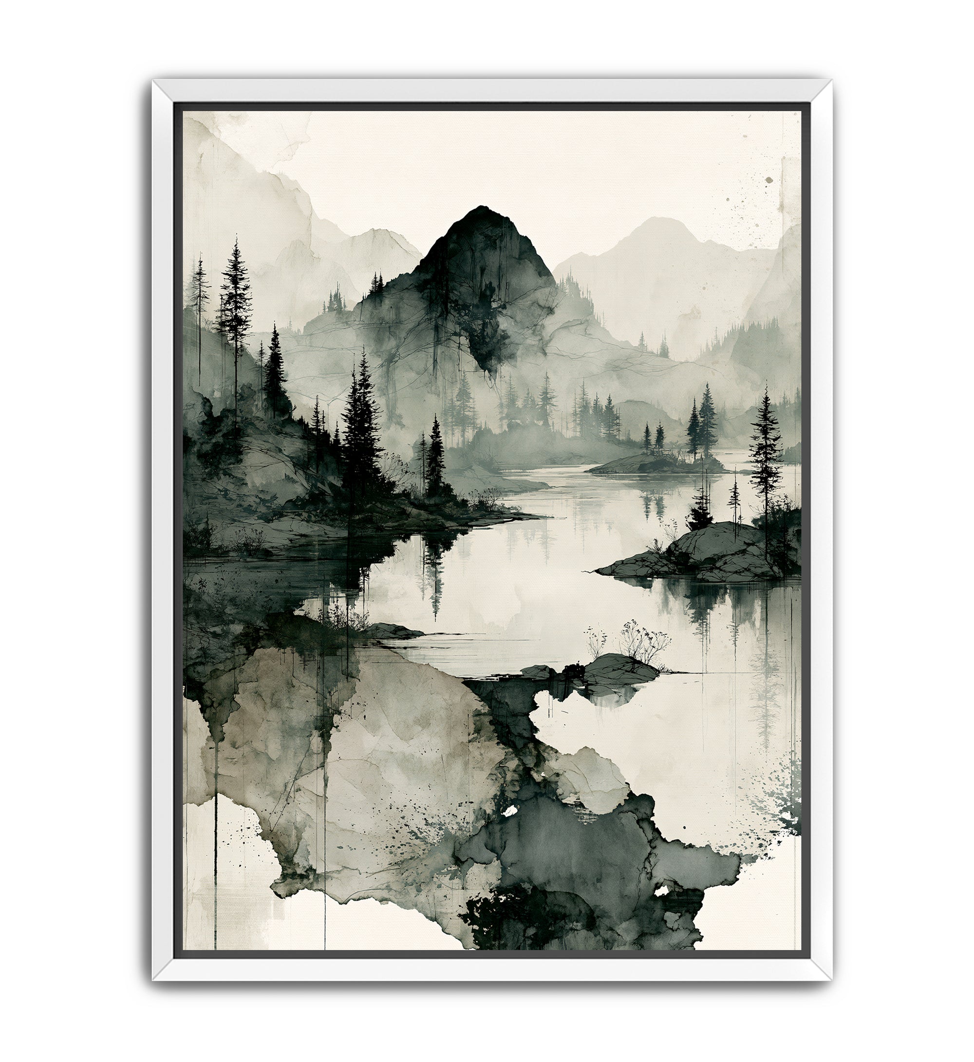 A framed art print featuring a minimalist black and white ink wash landscape with mountains, trees, and water reflections, presented in a white frame against a light gray background.