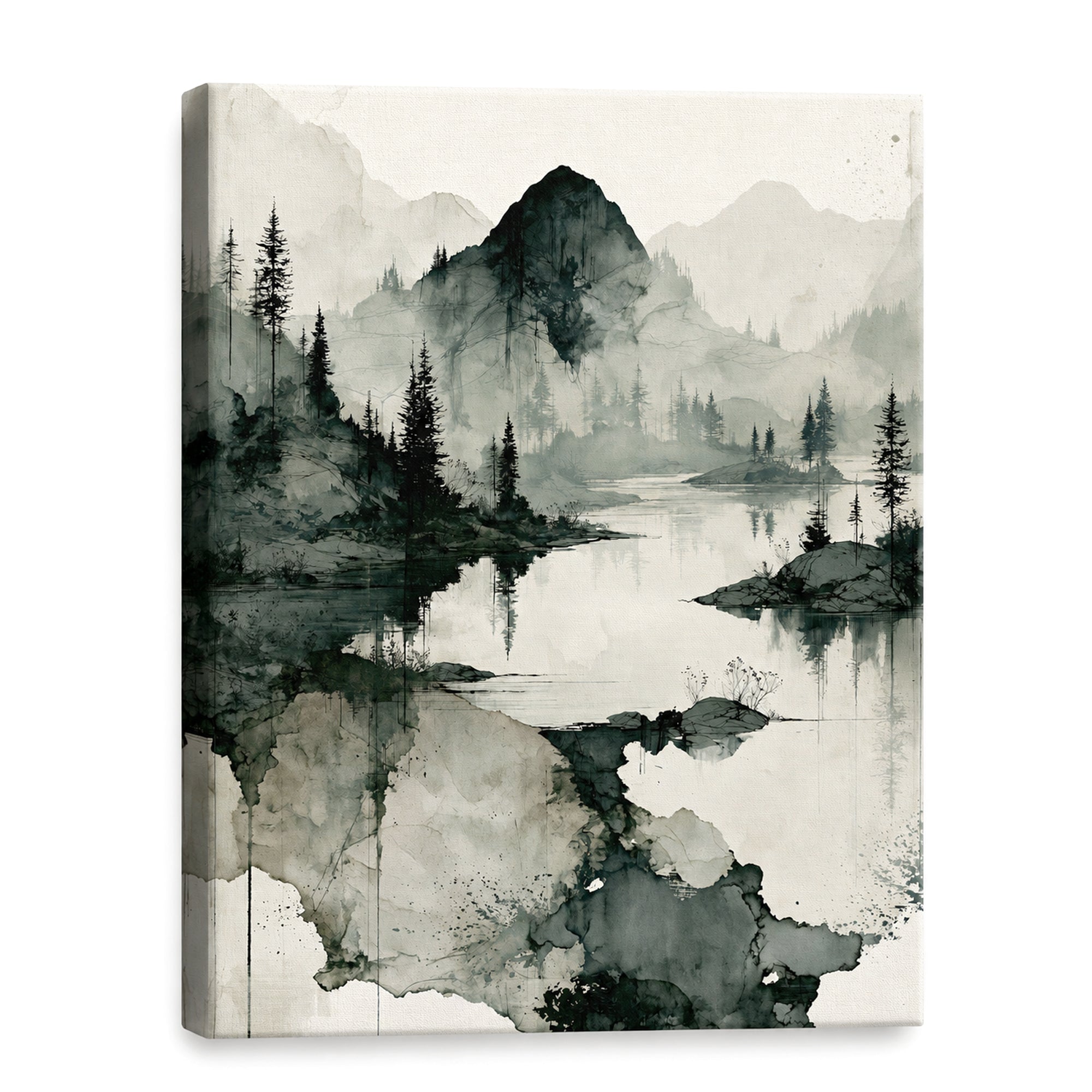 A vertical canvas wall art print featuring a serene Japanese-style landscape painting with misty mountains, pine trees, and a reflective lake in black, gray, and off-white tones.