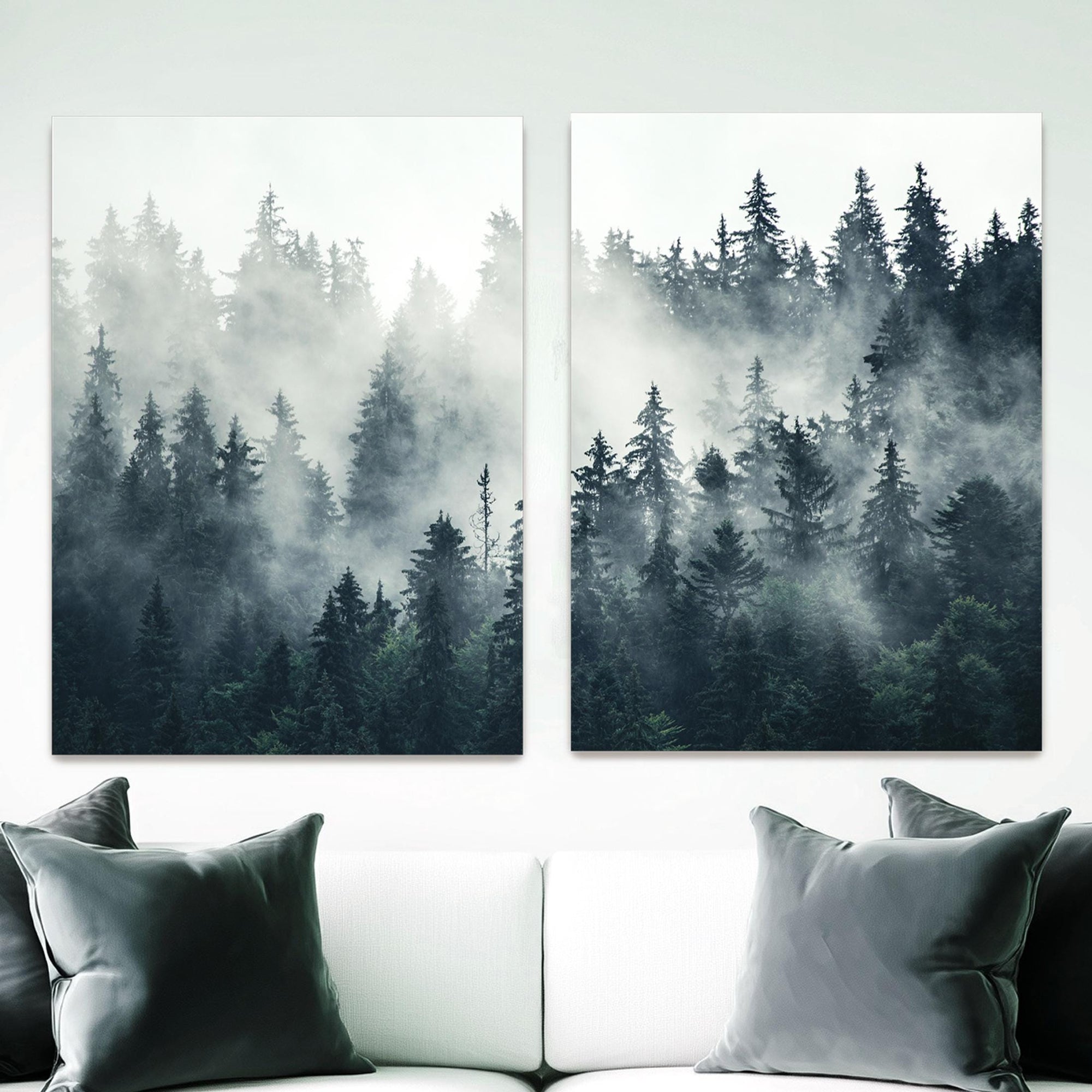 forest and clouds modern art canvas set in modern living room