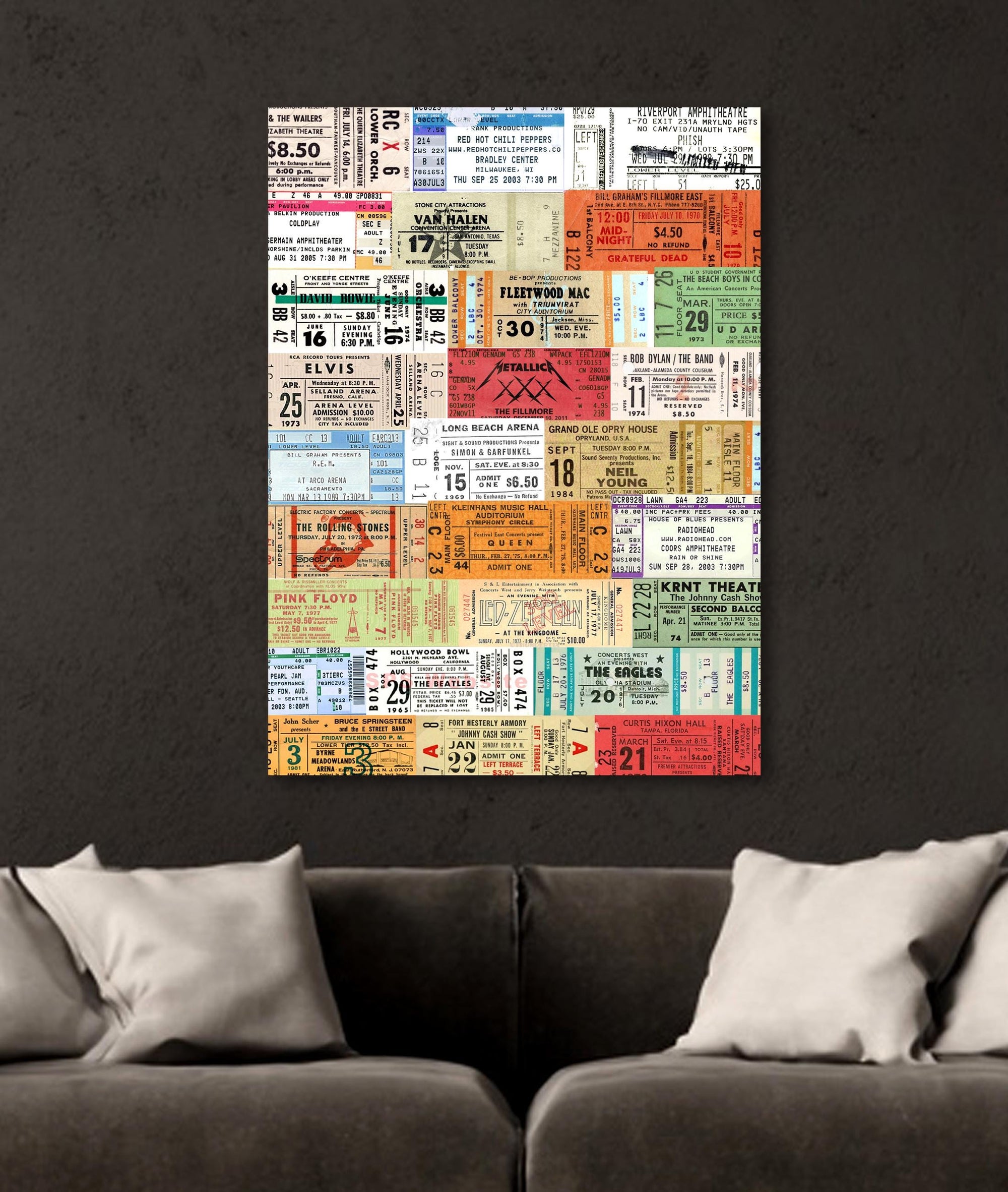 Vintage music poster with concert tickets from famous bands
