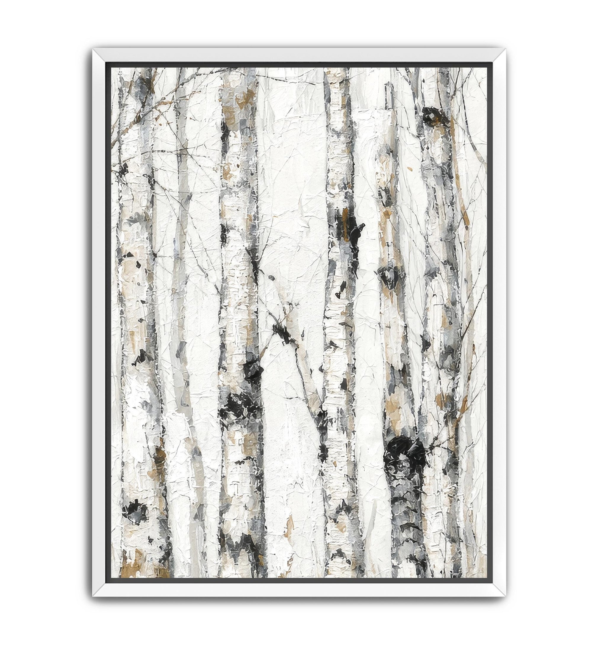 Textured aspen forest artwork in beige, gray, and earthy tones