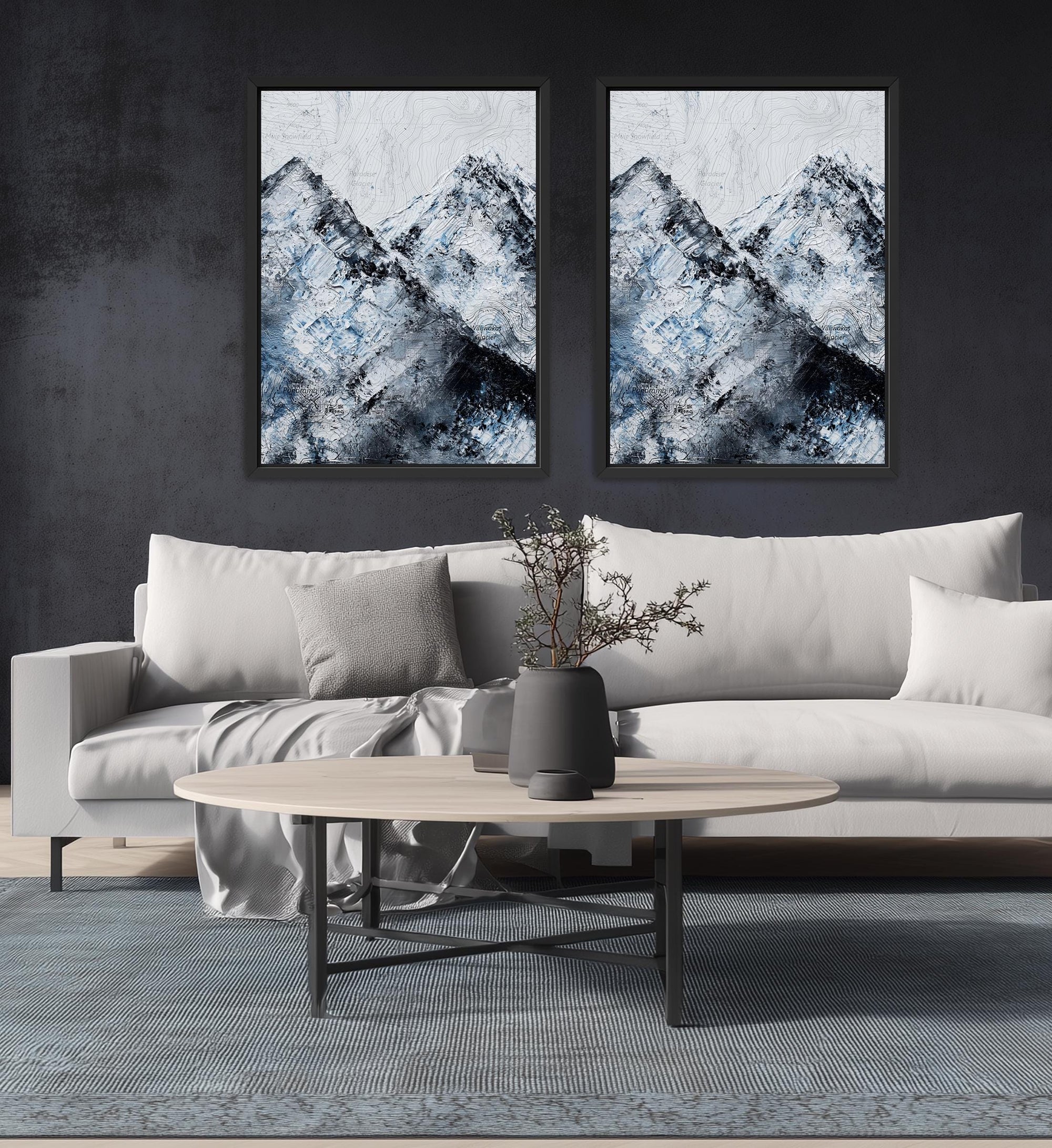 Canvas mountain art showing rugged terrain and paint texture