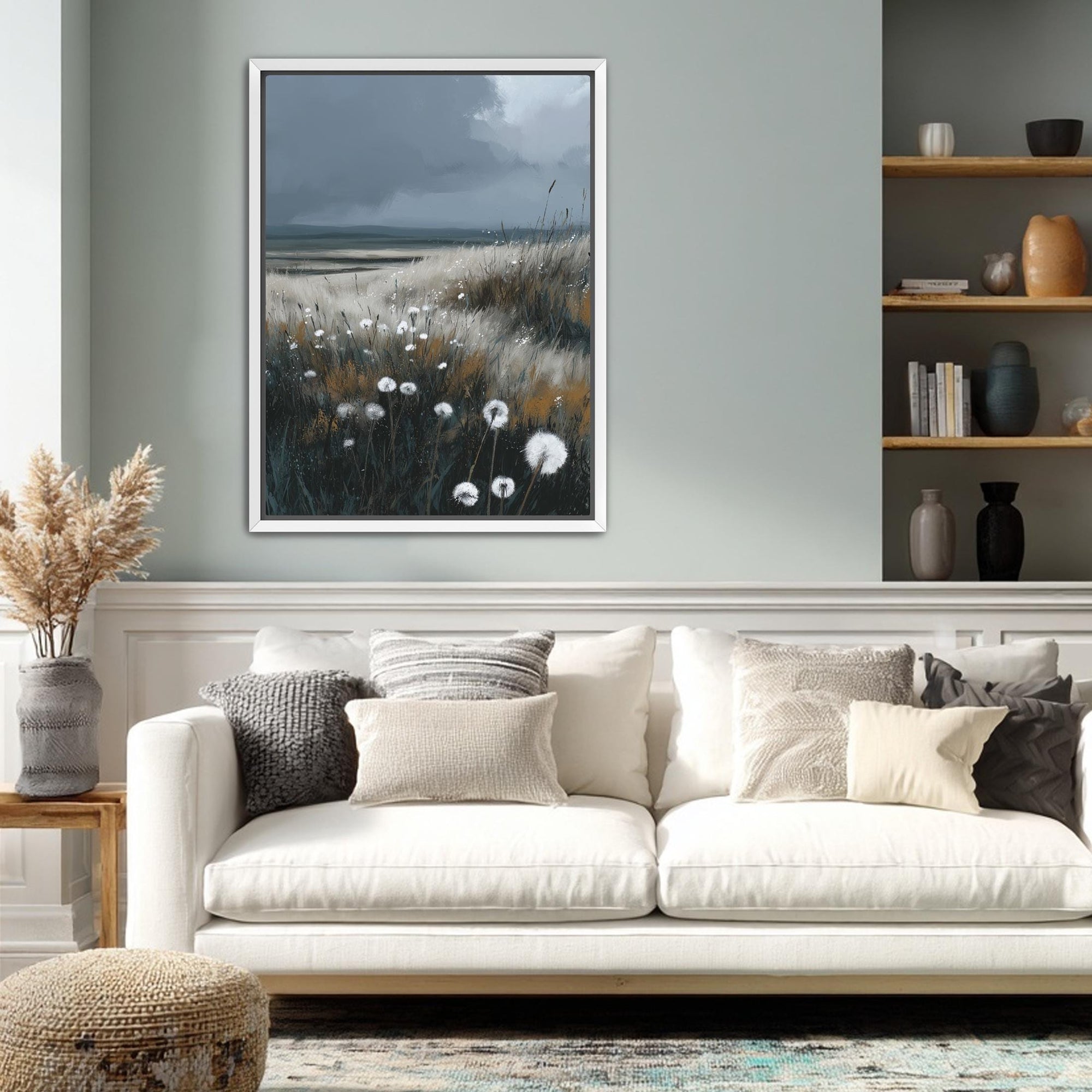 Prairie meadow artwork with soft grasses and neutral tones