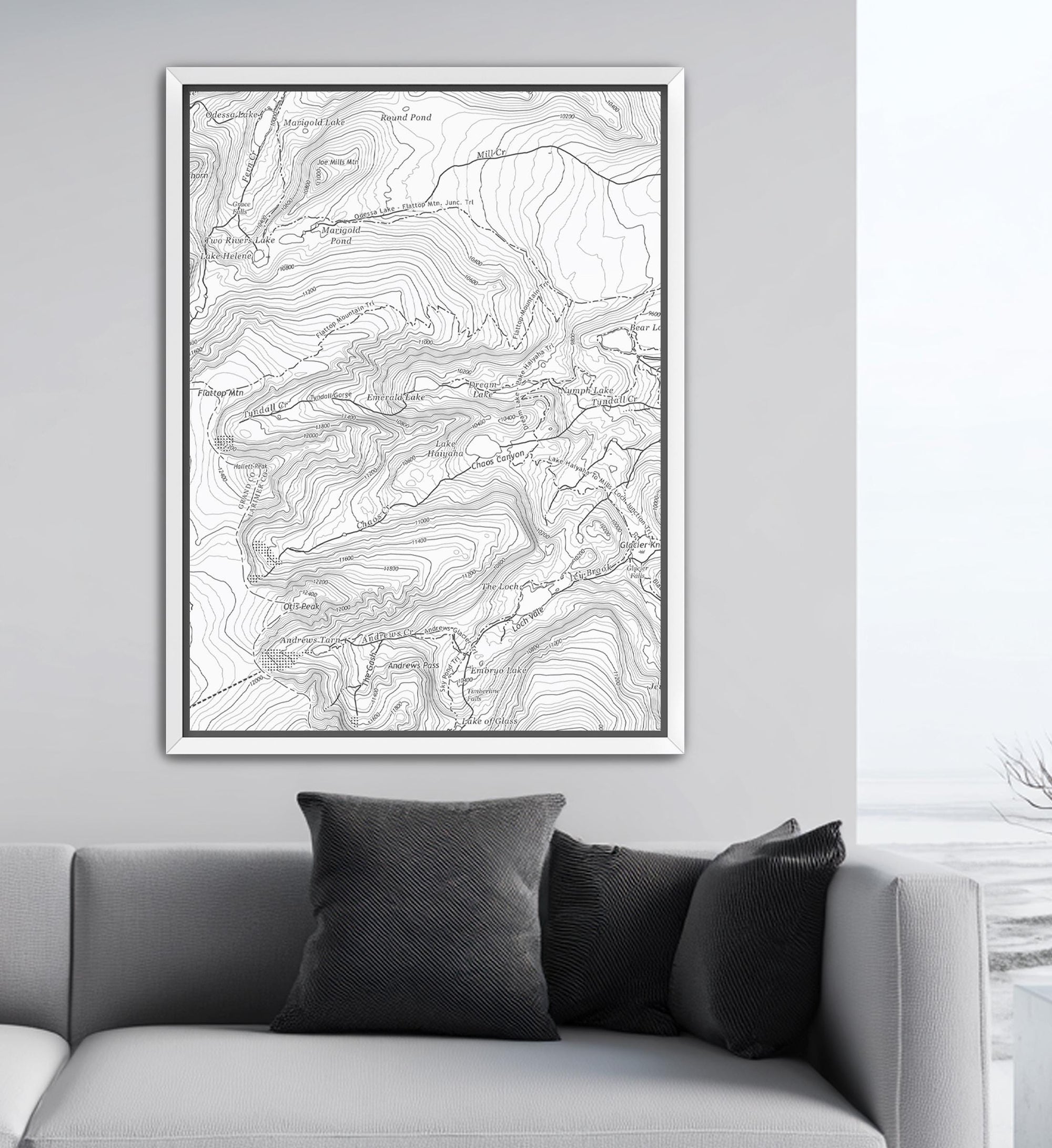 Black and white contour map art print modern living room life style