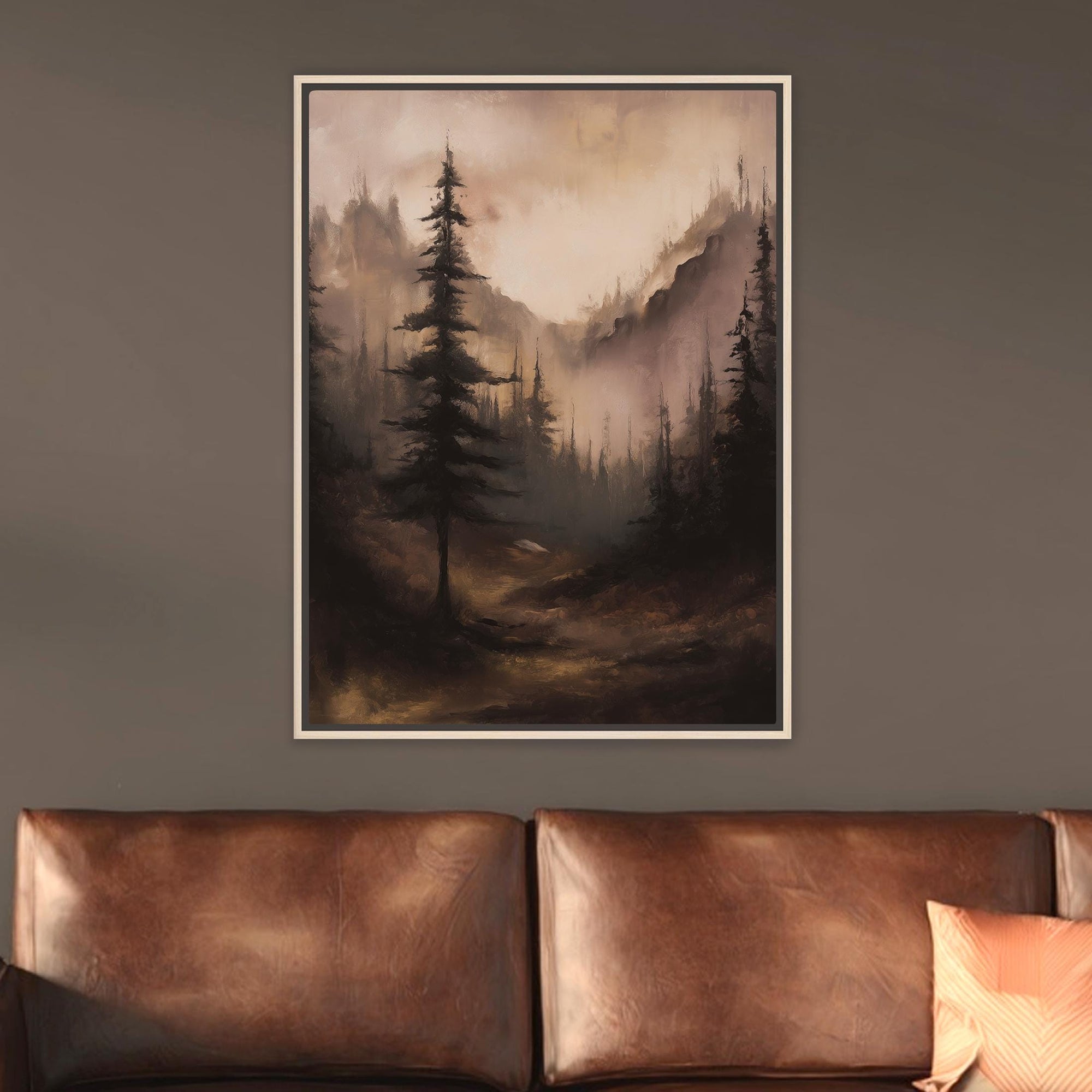 Alpine forest landscape wall art with moody mountain path