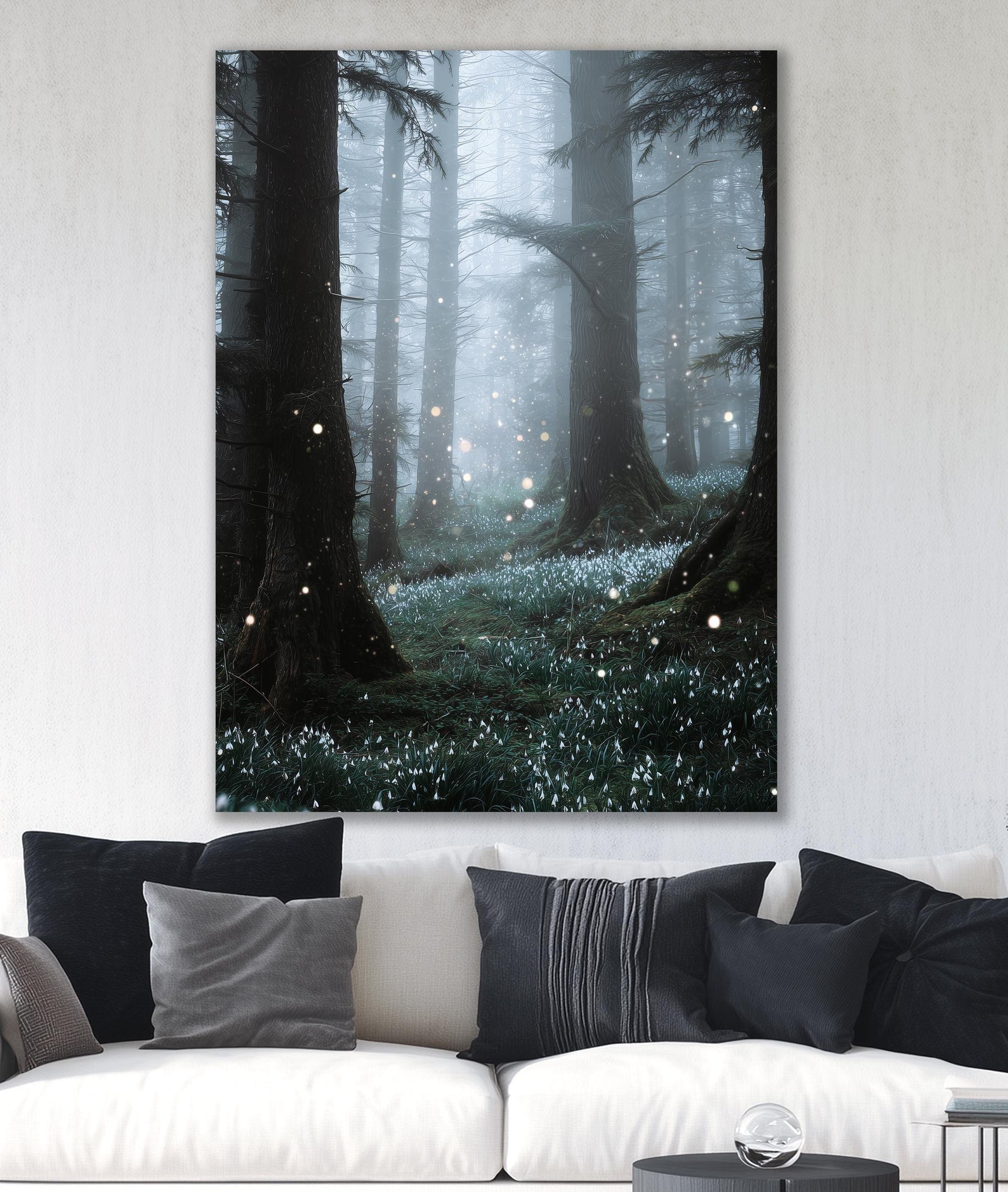 Atmospheric forest landscape art with glowing lights and overcast mood