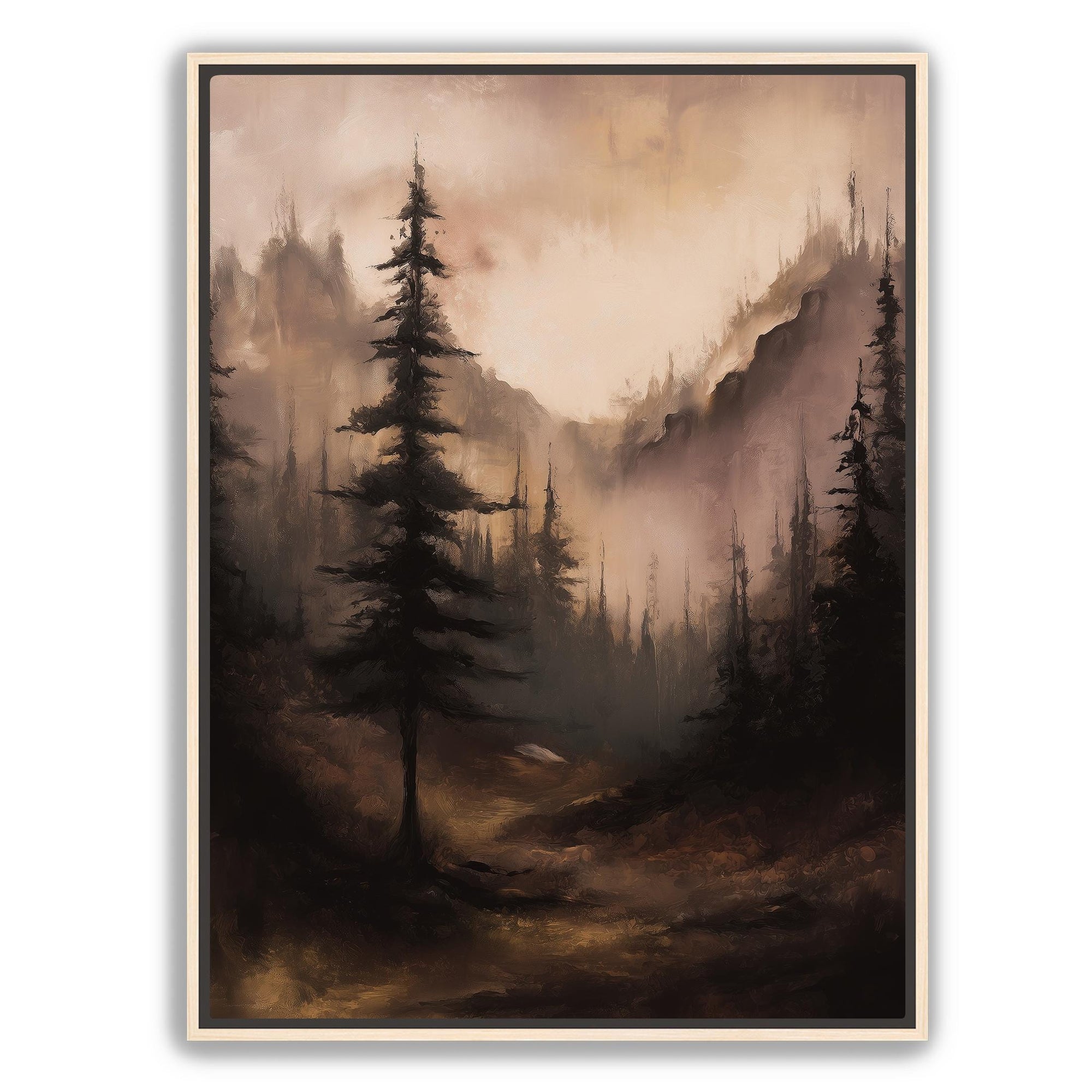 Painterly mountain forest artwork with tall pine trees
