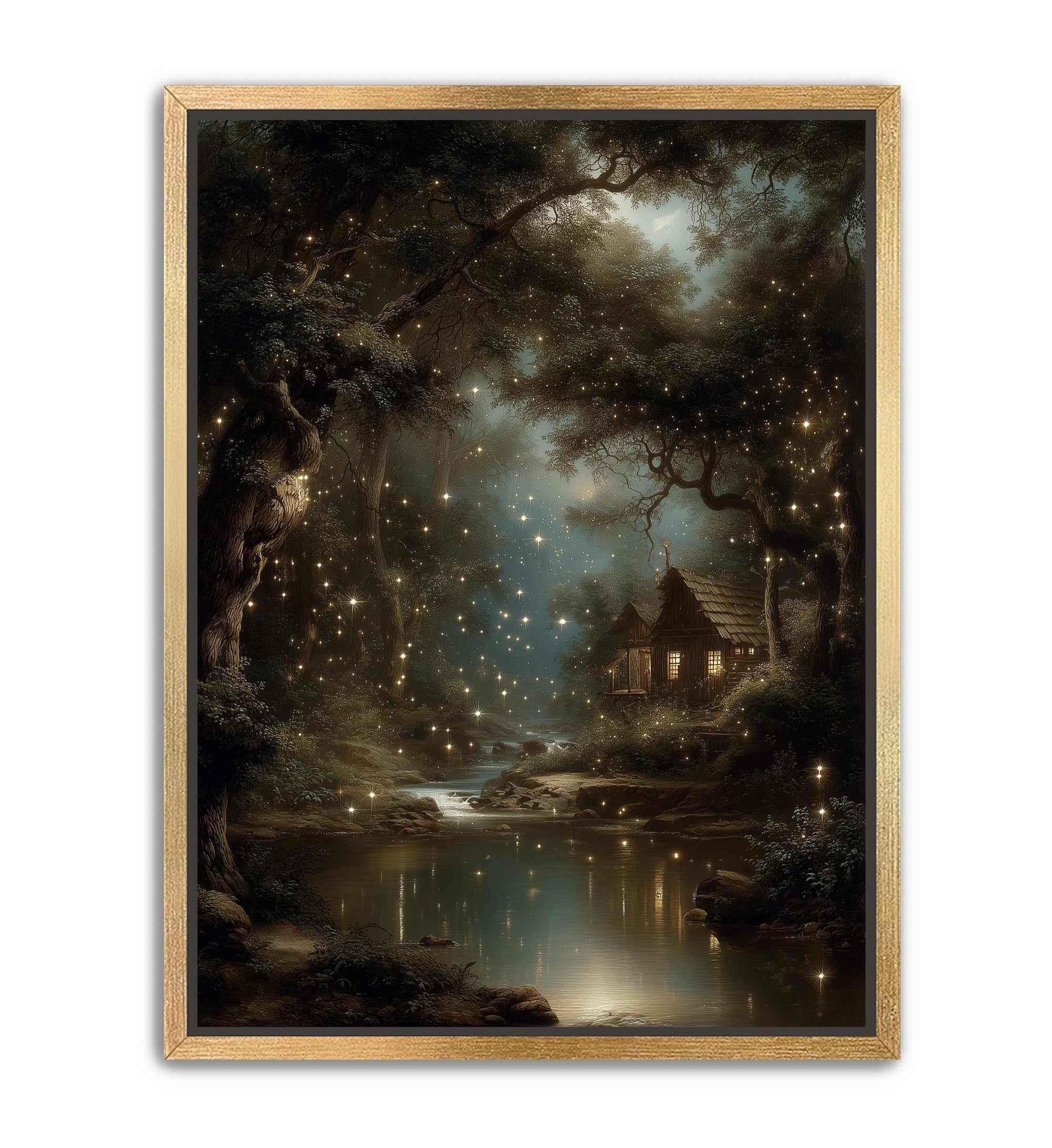 forest cottage fantasy wall art canvas print in metallic gold frame